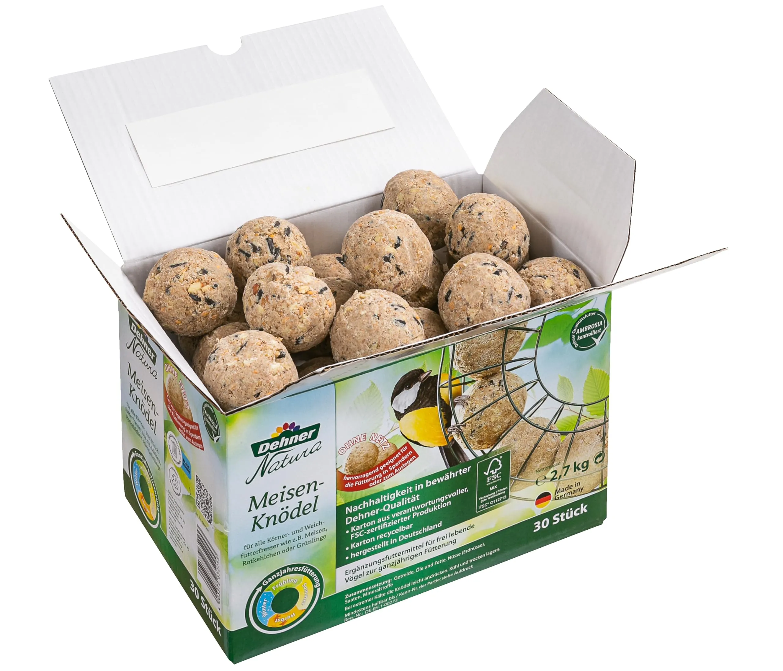 Dehner Natura Premium Mangime per uccelli selvatici, palline per cinciallegre, senza rete, 30 pezzi x 90 g (2,7 kg) - immagine 2