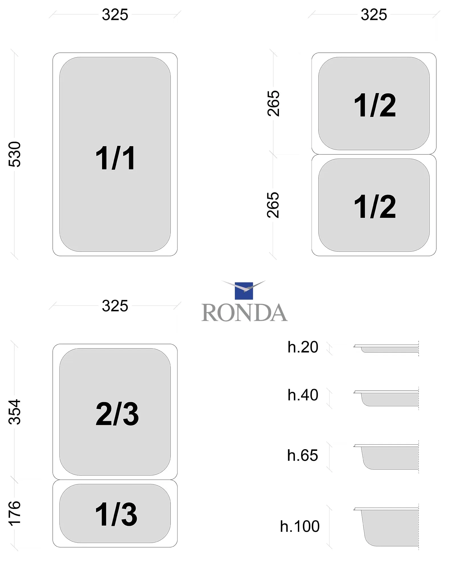 Ronda GN 1606S Contenitore Gastronorm 1/6 h 65 mm in acciaio AISI304 - immagine 5