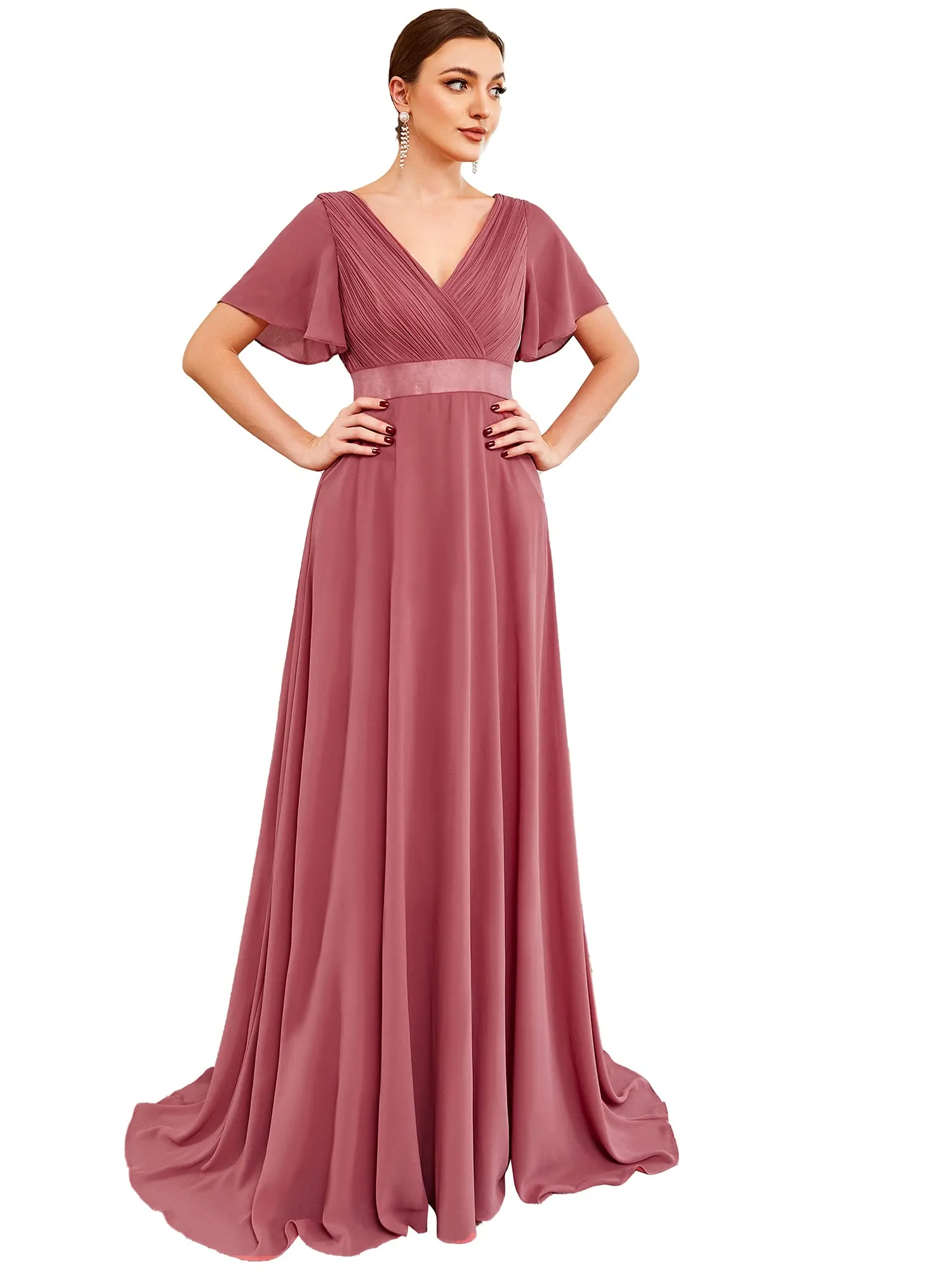 Ever-Pretty Abito Cerimonia Donna a V Linea ad A con Maniche a Volant, Came Brown, 58 - immagine 1