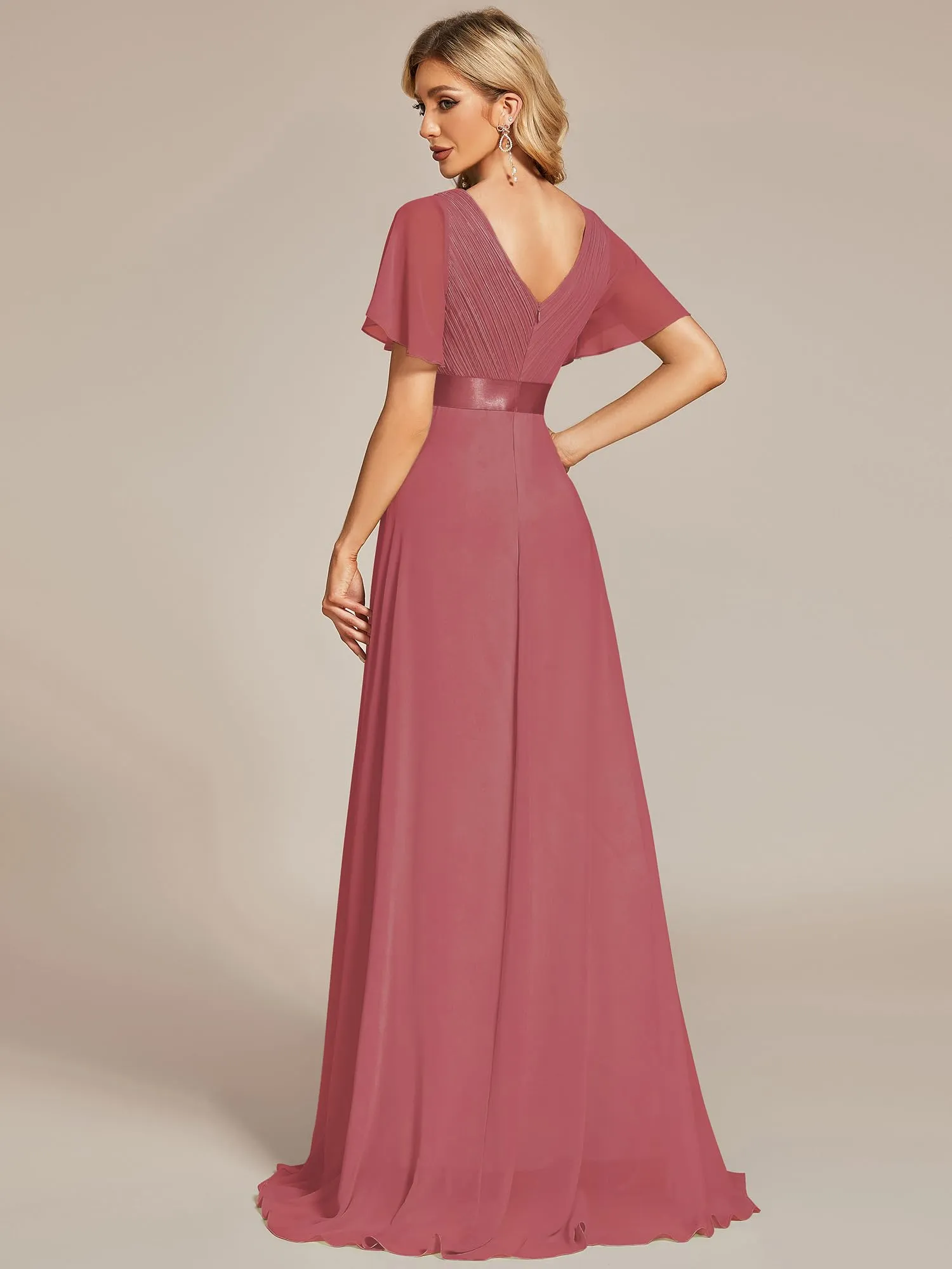 Ever-Pretty Abito Cerimonia Donna a V Linea ad A con Maniche a Volant, Came Brown, 58 - immagine 2