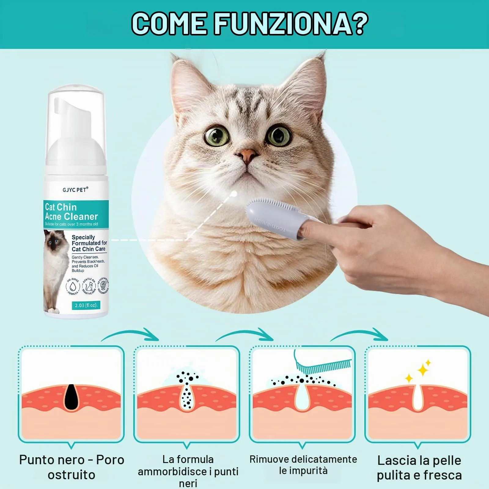 GJYC PET Mousse per rimozione acne e punti neri del mento per gatti, senza risciacquo con spazzola massaggiante - immagine 5