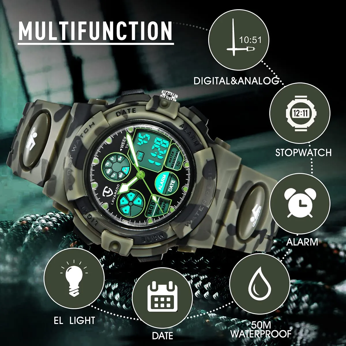 aswan watch Orologio Digitale Multifunzione per Bambini Impermeabile con Luce LED L6601-Army - immagine 3