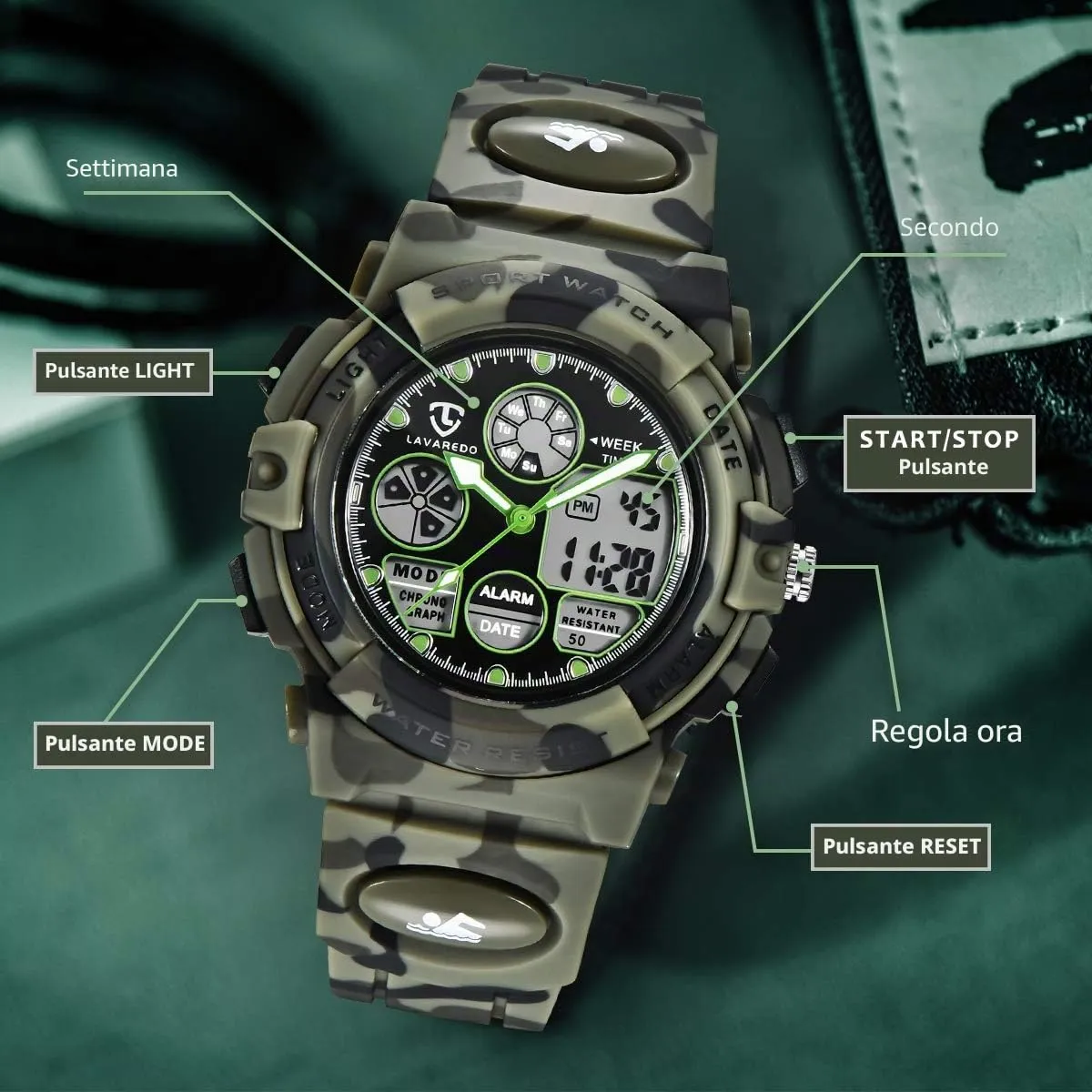 aswan watch Orologio Digitale Multifunzione per Bambini Impermeabile con Luce LED L6601-Army - immagine 4