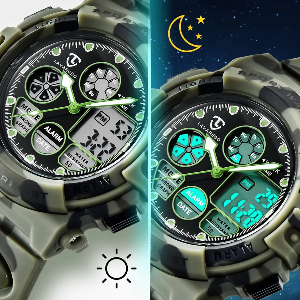 aswan watch Orologio Digitale Multifunzione per Bambini Impermeabile con Luce LED L6601-Army - immagine 5
