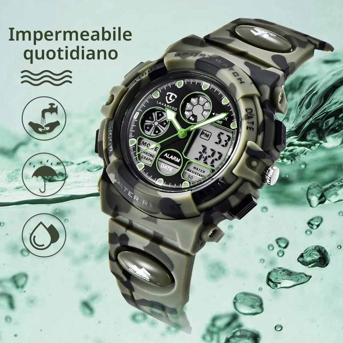 aswan watch Orologio Digitale Multifunzione per Bambini Impermeabile con Luce LED L6601-Army - immagine 6