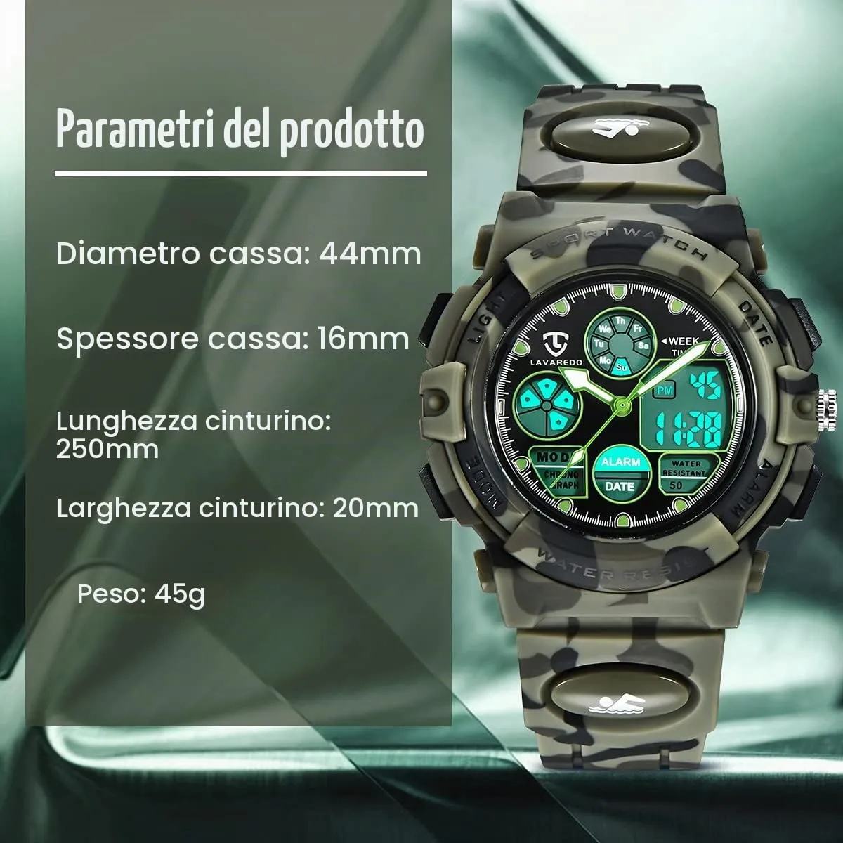aswan watch Orologio Digitale Multifunzione per Bambini Impermeabile con Luce LED L6601-Army - immagine 7