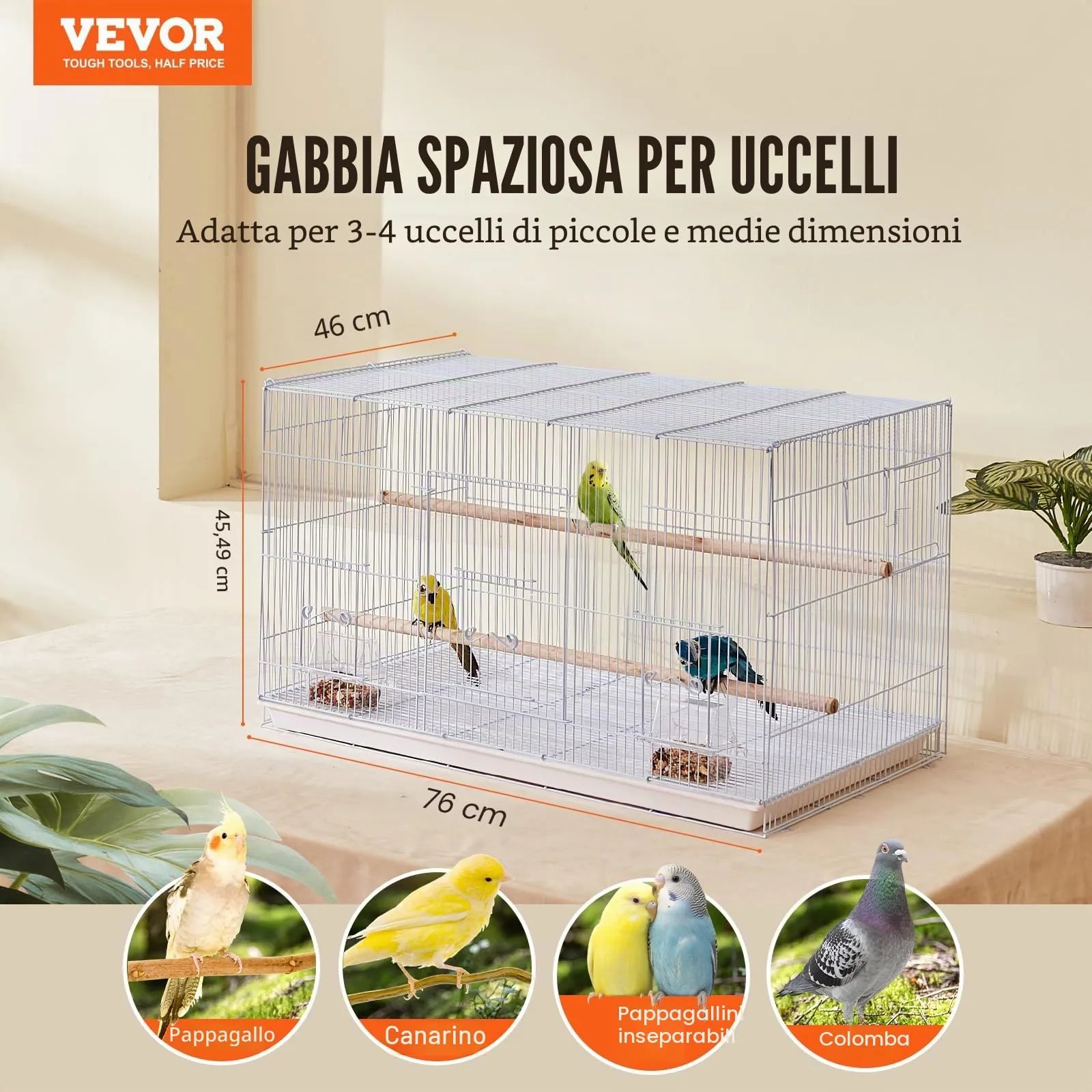 VEVOR Gabbia per Uccelli in Metallo, 760 x 460 x 455 mm, con 2 Trespoli e 2 Tazze per l'Alimentazione - immagine 2