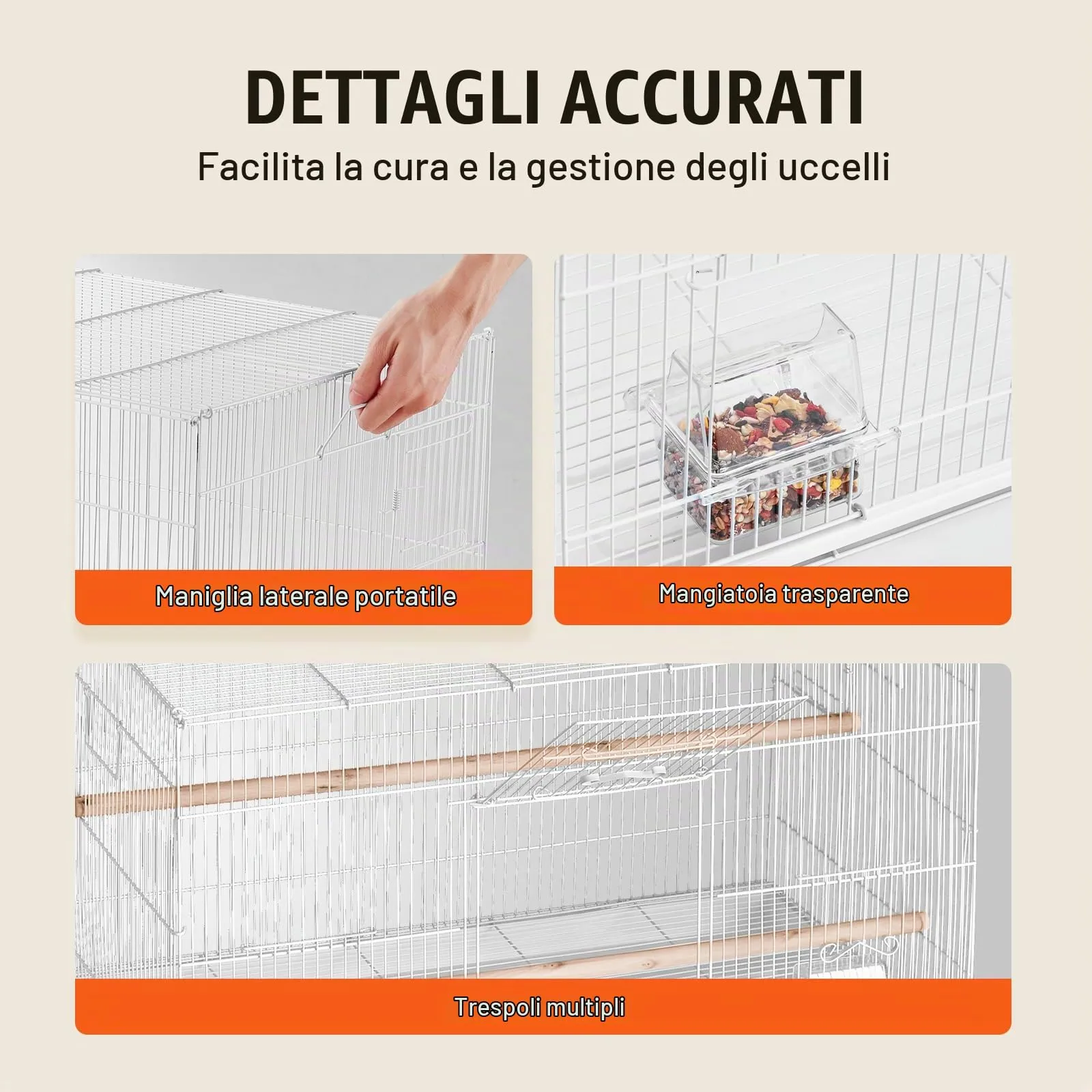 VEVOR Gabbia per Uccelli in Metallo, 760 x 460 x 455 mm, con 2 Trespoli e 2 Tazze per l'Alimentazione - immagine 6