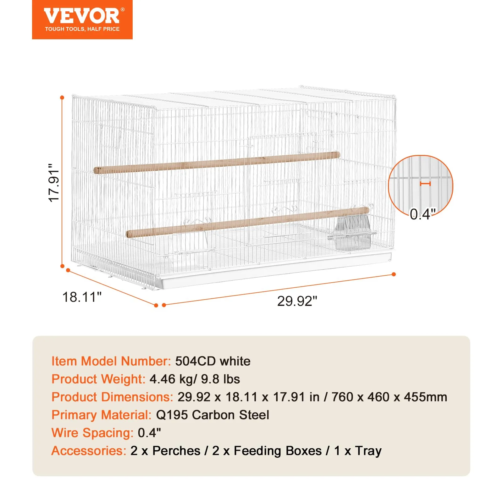 VEVOR Gabbia per Uccelli in Metallo, 760 x 460 x 455 mm, con 2 Trespoli e 2 Tazze per l'Alimentazione - immagine 7