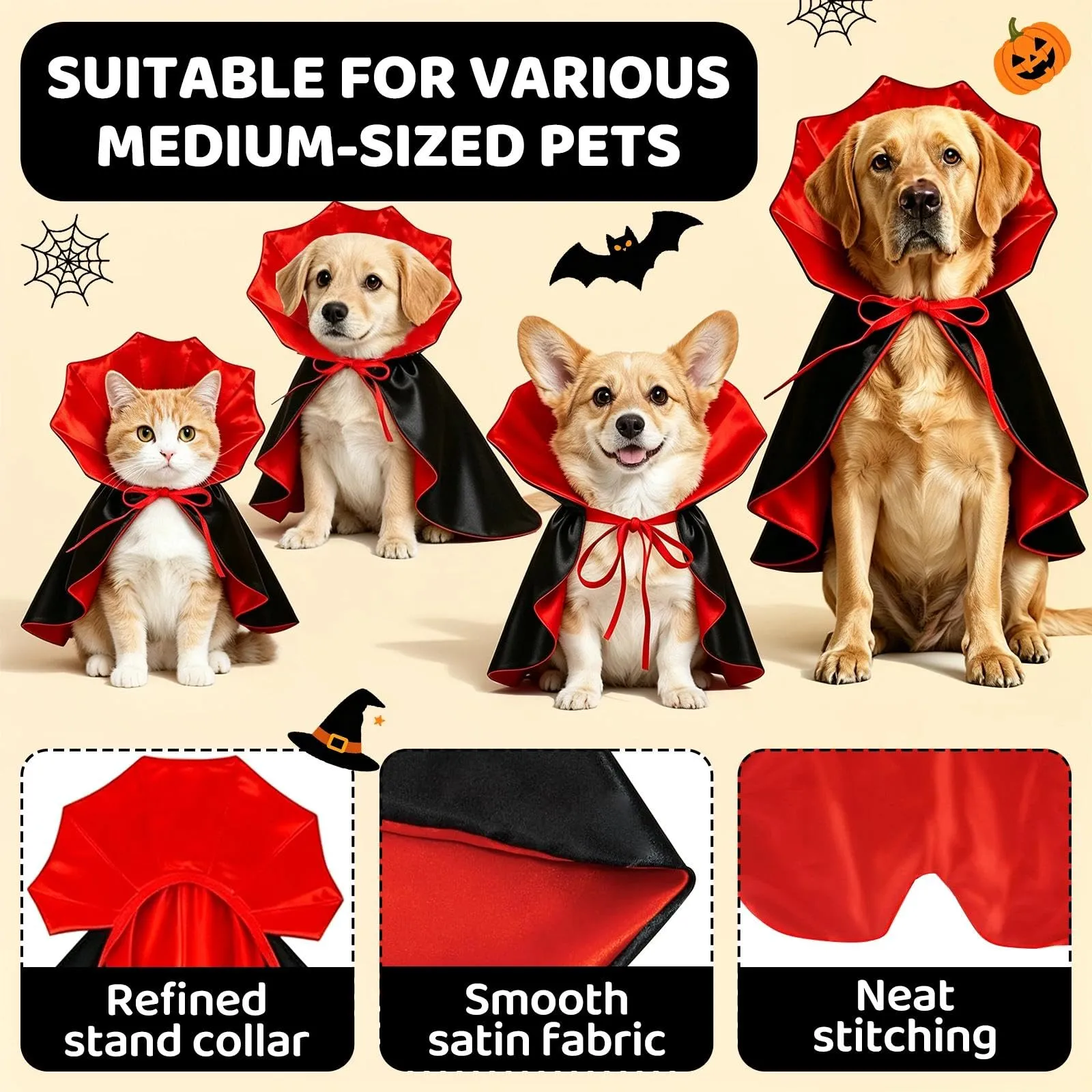Aixxikum Costume Halloween Vampiro per Cani e Gatti, Mantello con Colletto Alto, Rosso e Nero - immagine 4