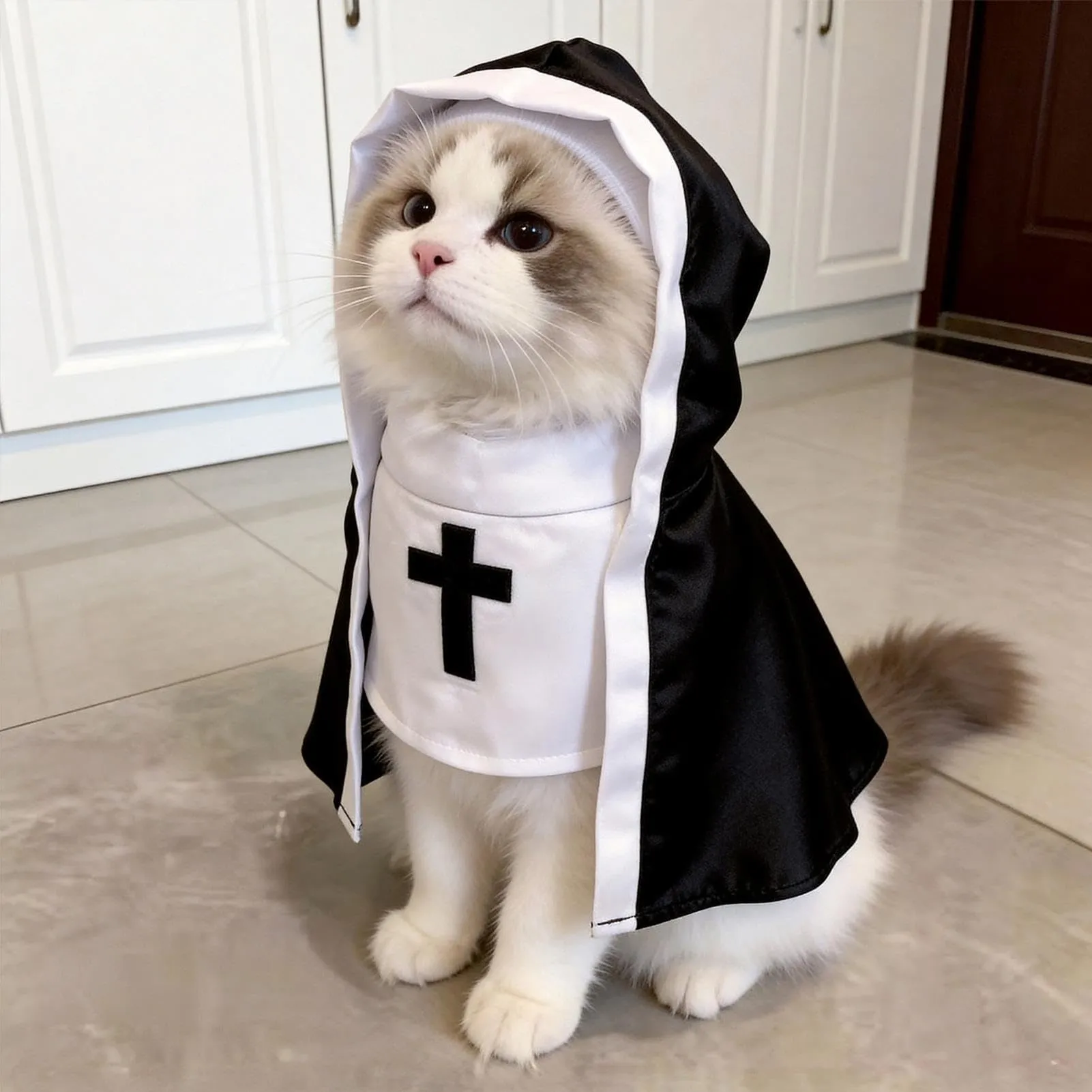 Tuxuseo Costume da Suora per Gatti e Cani di Piccola Taglia, Nero e Bianco - immagine 3