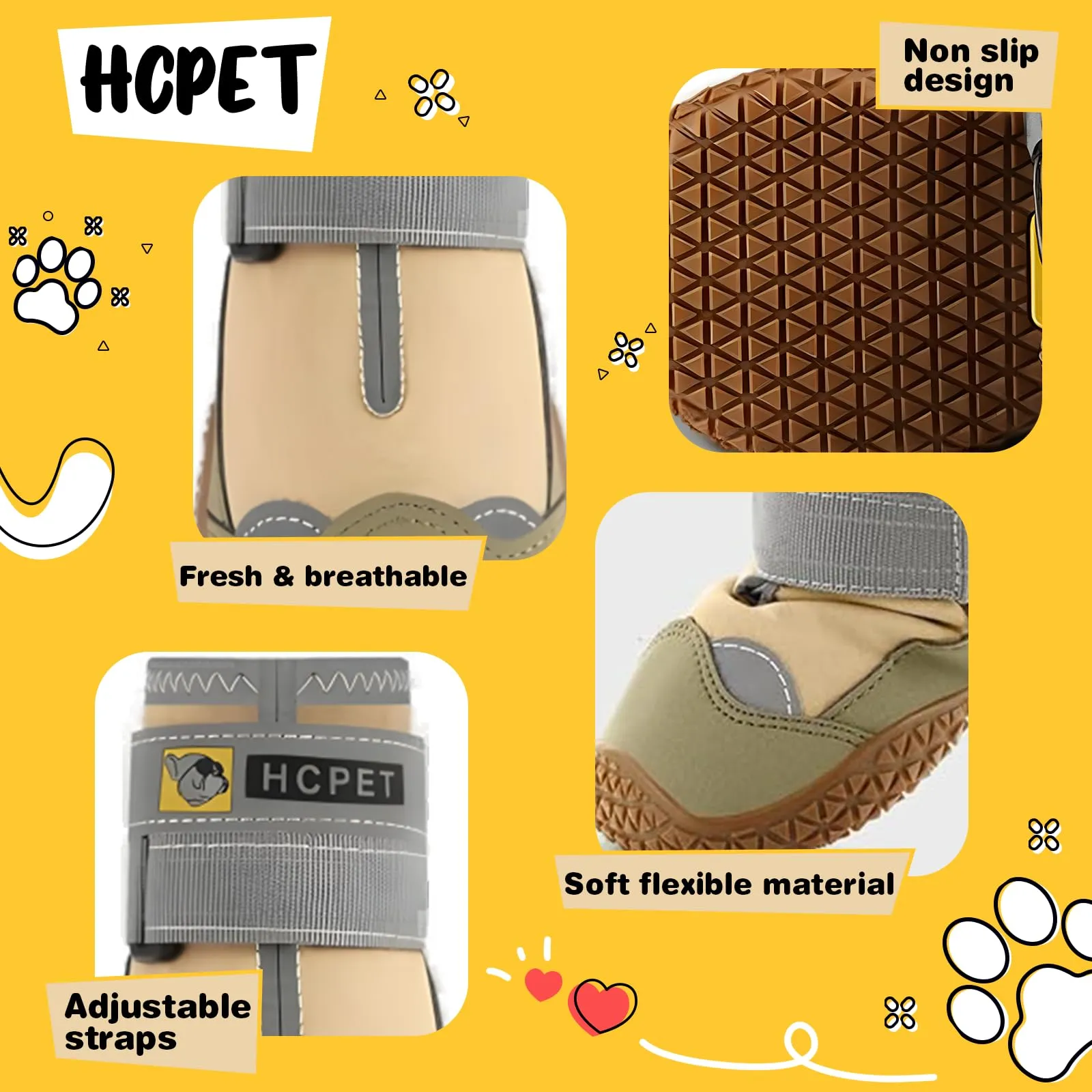 Hcpet Scarpe per Cani Antiscivolo con Cinghie Riflettenti, Kaki Taglia 2, 4 Pezzi - immagine 5