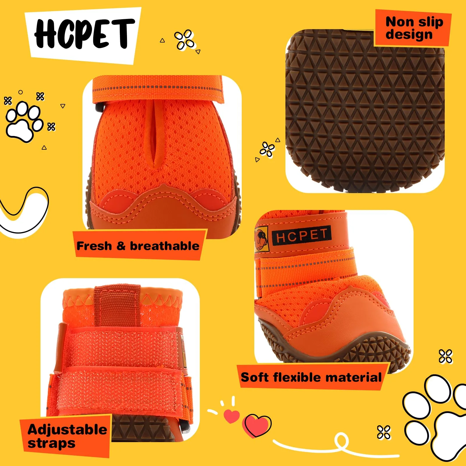 Hcpet Scarpe per cani antiscivolo con cinghie riflettenti, Arancione, Taglia 3, 4 pezzi - immagine 4
