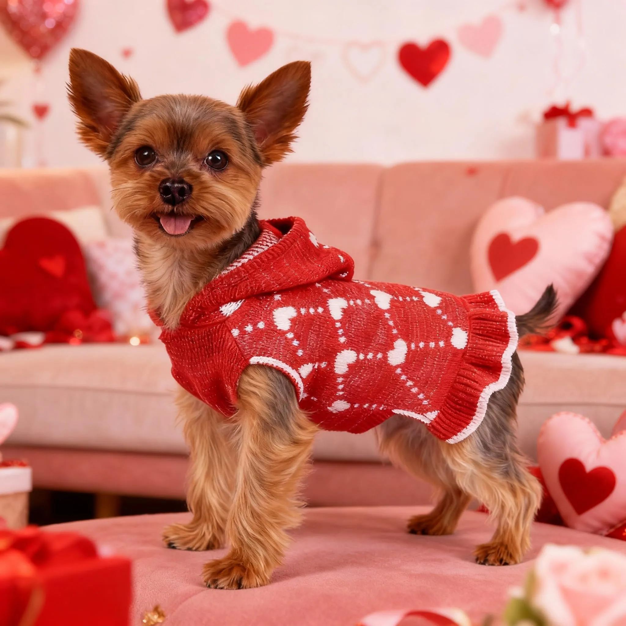 TBAMTBW Maglione per Cani e Gatti con Cuori e Cappuccio per San Valentino, Rosa, Taglia M - immagine 3