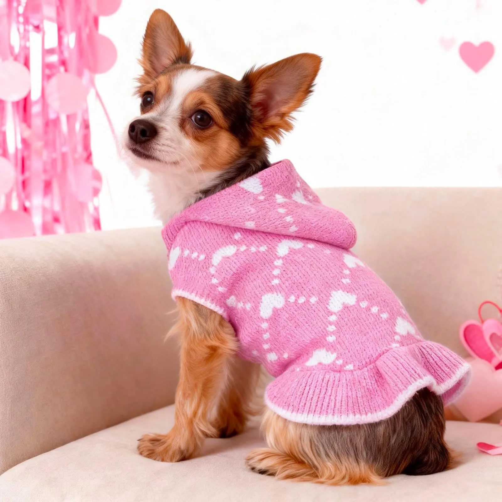 TBAMTBW Maglione San Valentino con Cuore e Cappuccio per Cani e Gatti, Rosa, Taglia M - immagine 6