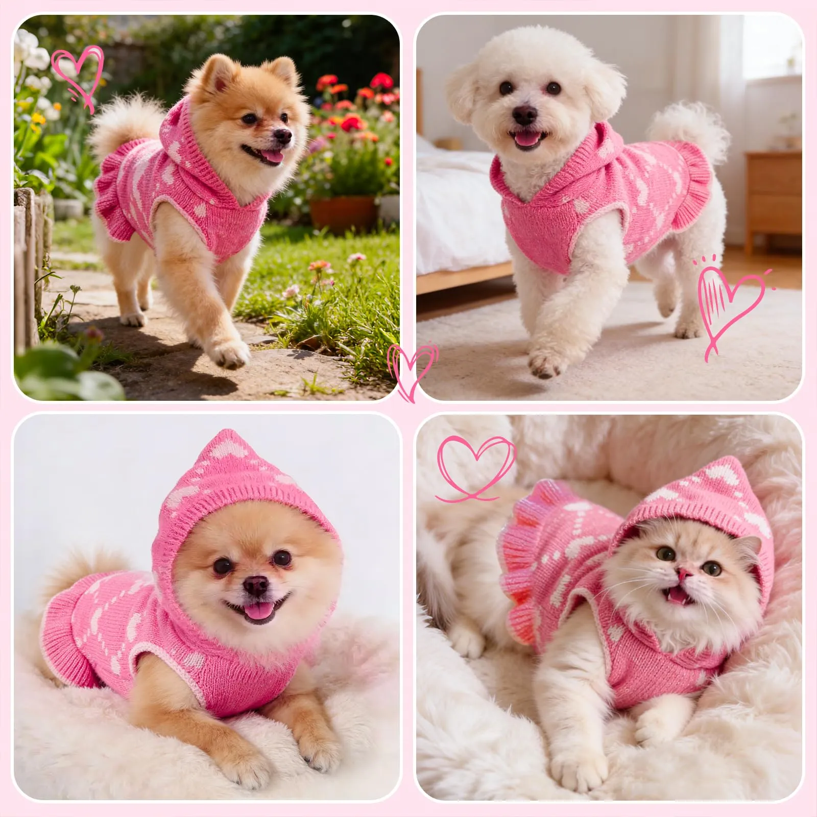 TBAMTBW Maglione per Cane e Gatto San Valentino con Cappuccio, Rosa, XXS - immagine 2