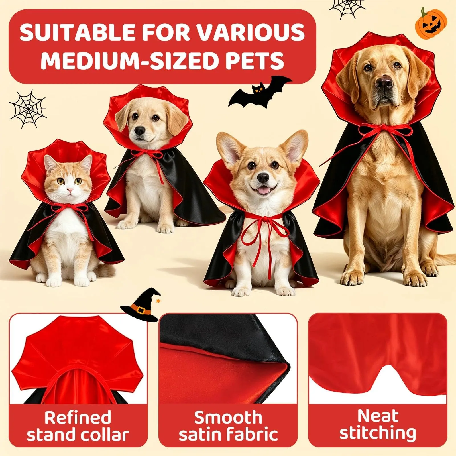 Aixxikum Costume da Vampiro per Cani e Gatti, Mantello con Colletto Alto, Rosso e Nero, Taglia S - immagine 4