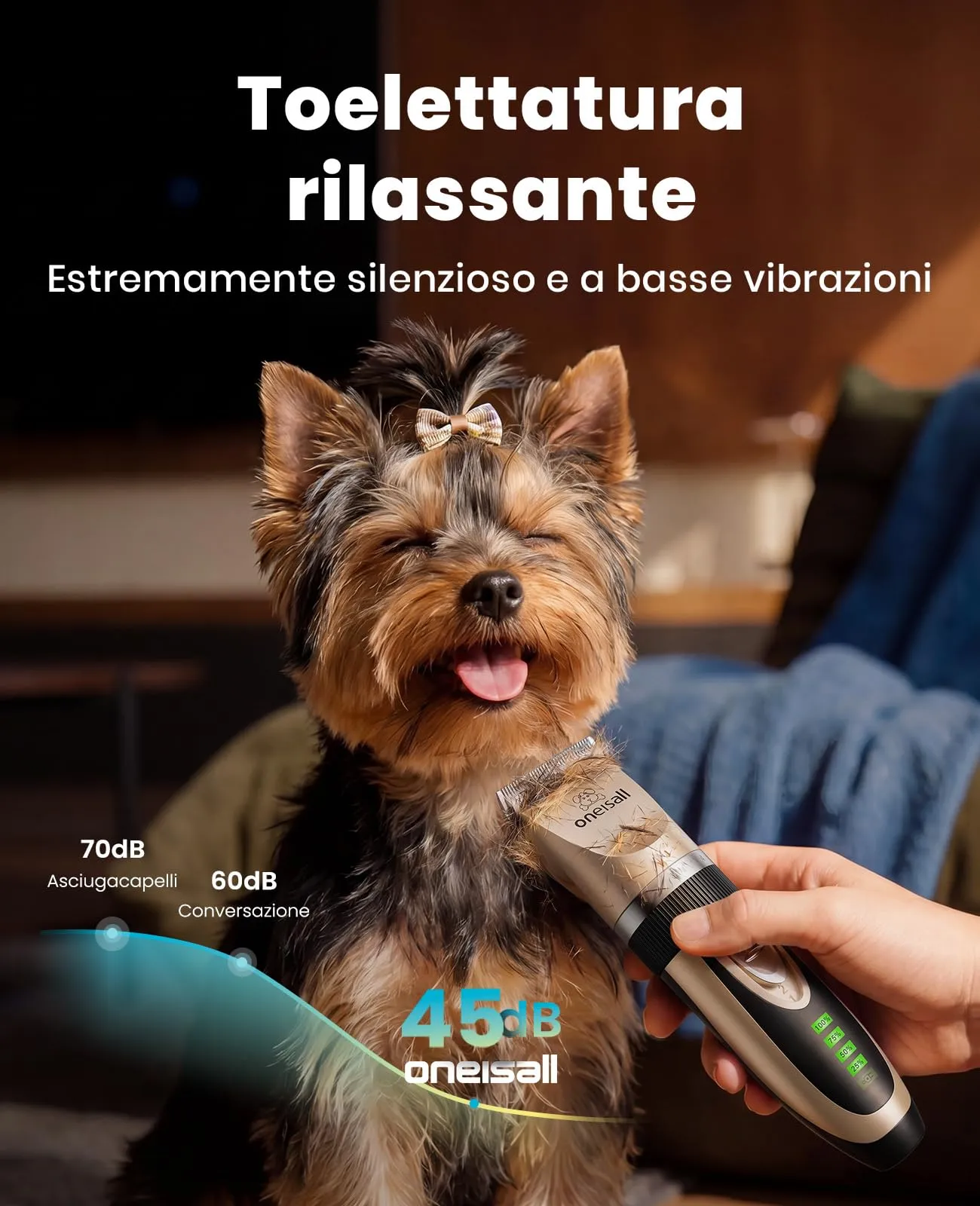 oneisall Tosatrice Silenziosa per Cani e Gatti, 2000 mAh, Oro - immagine 2