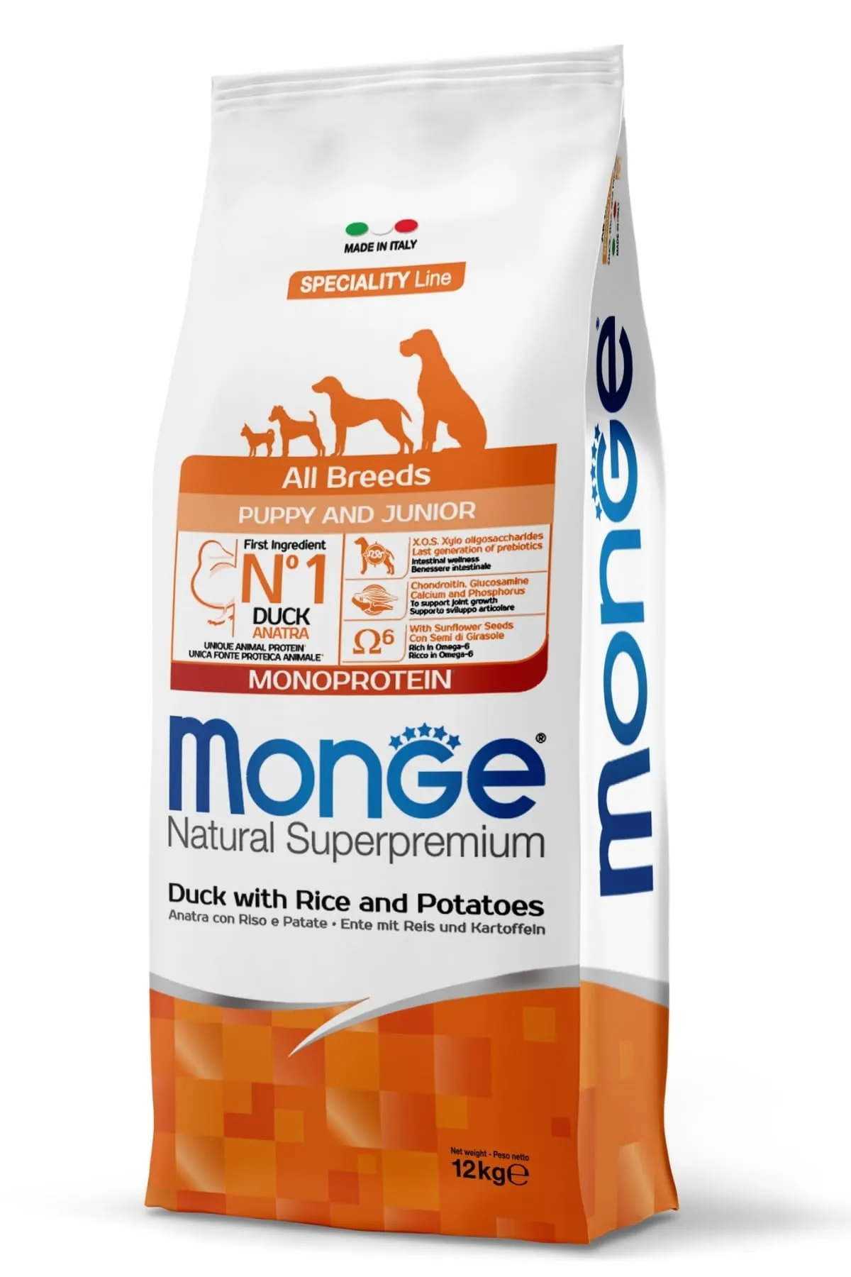 Monge Natural Superpremium Puppy and Junior Dog Food, Duck, Rice and Potatoes, 12 kg - immagine 1