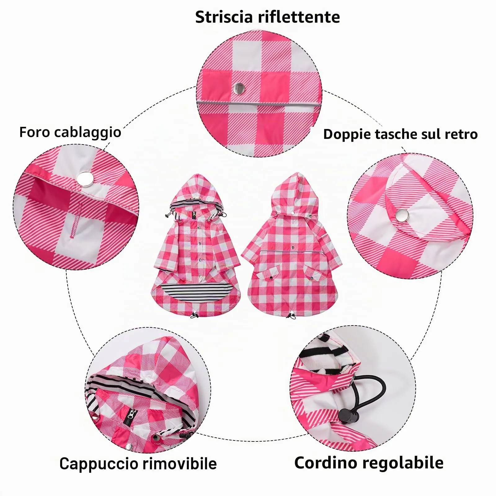 Impermeabile Morezi per cani, traspirante con cerniera, cappuccio staccabile, Quadretti Rosa, XXL - immagine 3