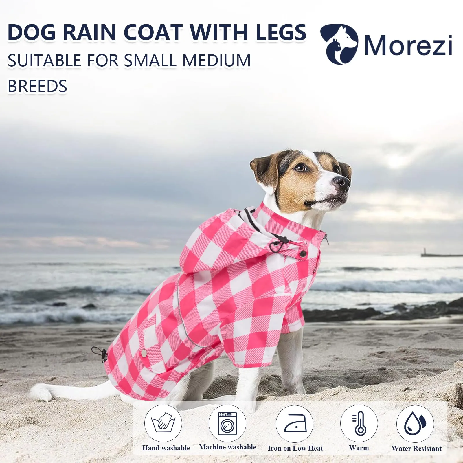 Morezi Impermeabile per Cani con Cappuccio Staccabile, Quadretti Rosa, S - immagine 2