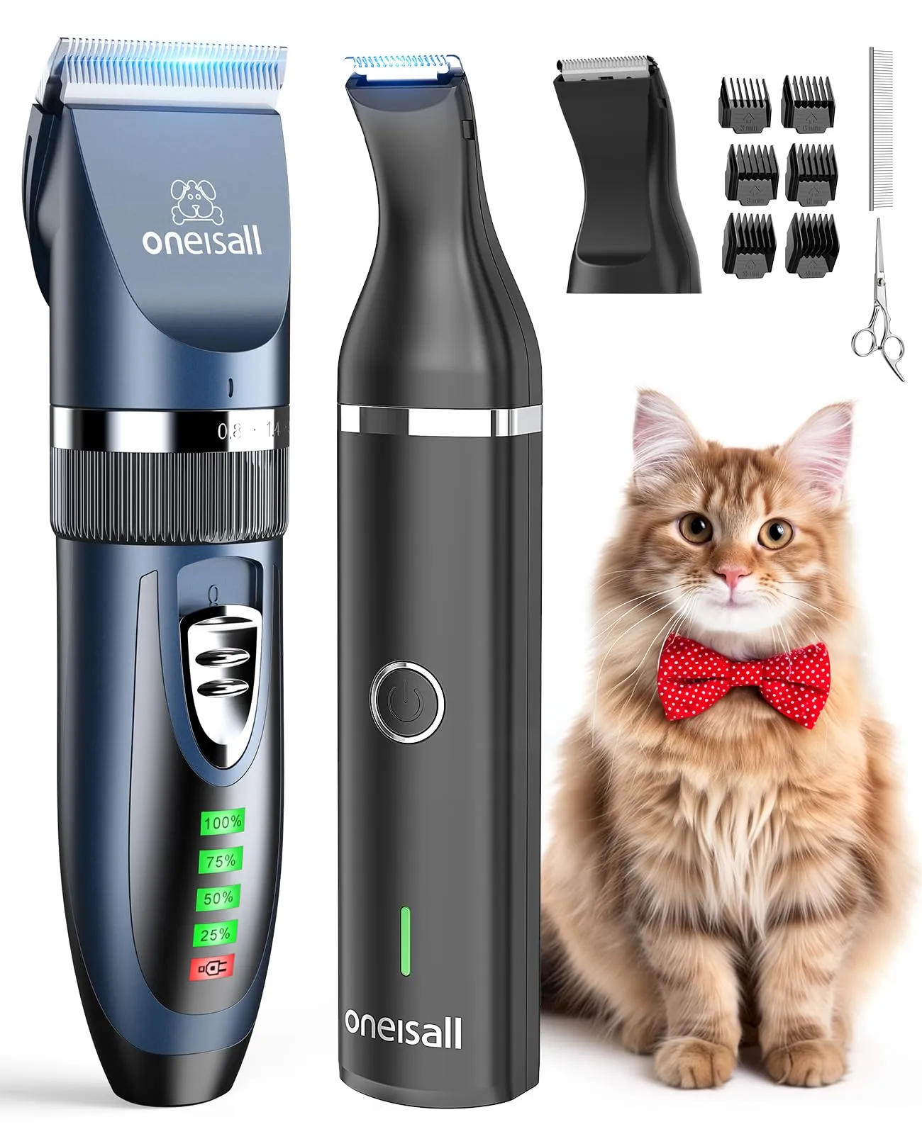 oneisall Kit 2 in 1 per Toelettatura Gatti e Cani - Rasoio Silenzioso Senza Fili per Peli Opachi - 13 Piece Set - immagine 1