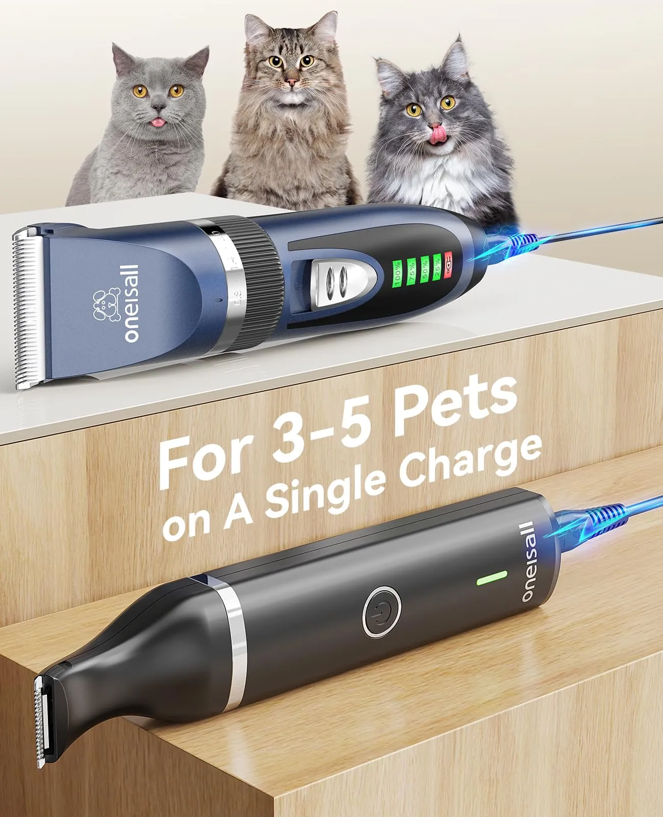 oneisall Kit 2 in 1 per Toelettatura Gatti e Cani - Rasoio Silenzioso Senza Fili per Peli Opachi - 13 Piece Set - immagine 5