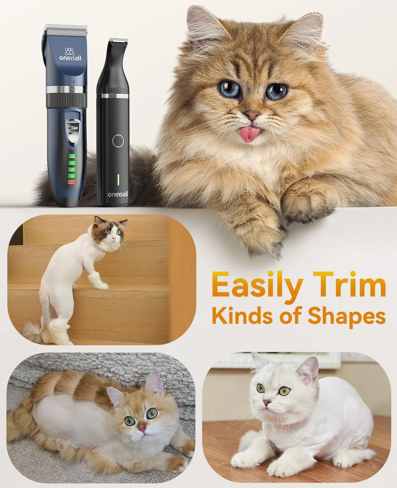 oneisall Kit 2 in 1 per Toelettatura Gatti e Cani - Rasoio Silenzioso Senza Fili per Peli Opachi - 13 Piece Set - immagine 6