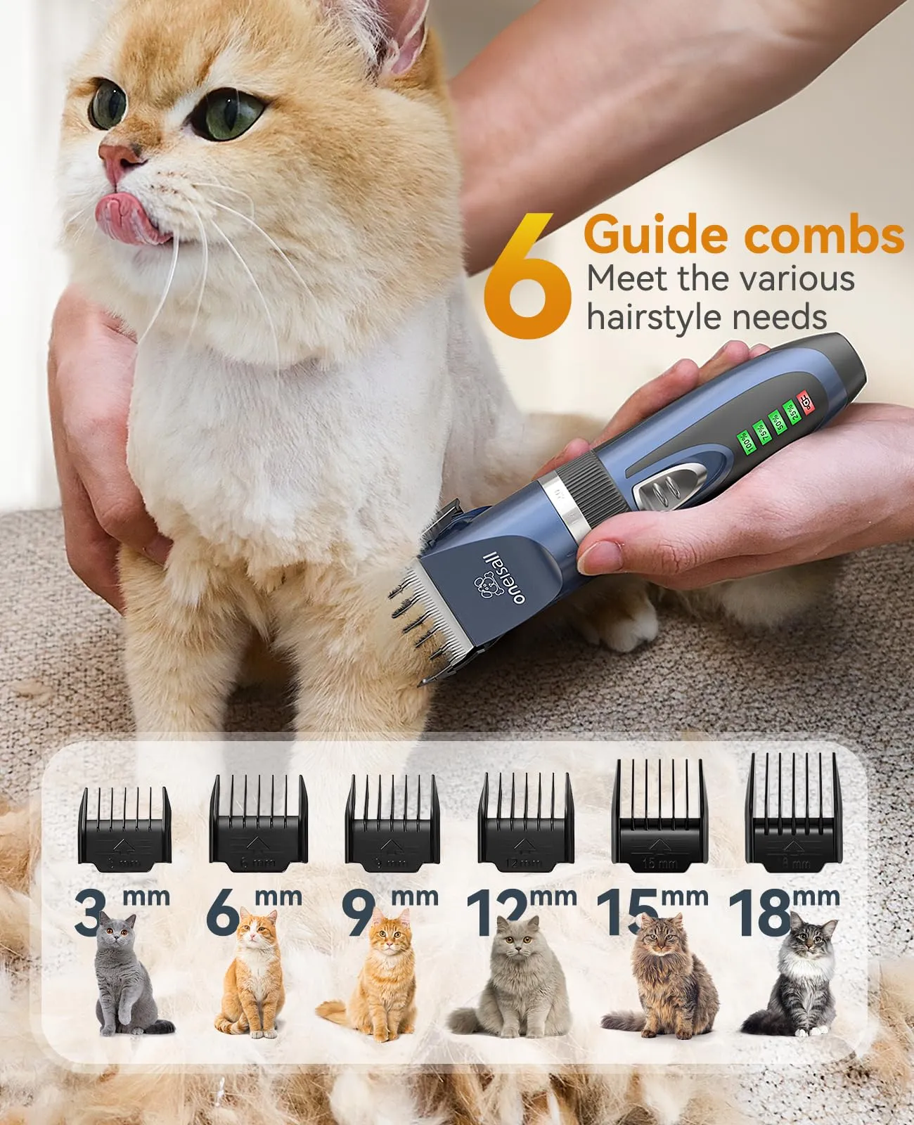 oneisall Kit 2 in 1 per Toelettatura Gatti e Cani - Rasoio Silenzioso Senza Fili per Peli Opachi - 13 Piece Set - immagine 8