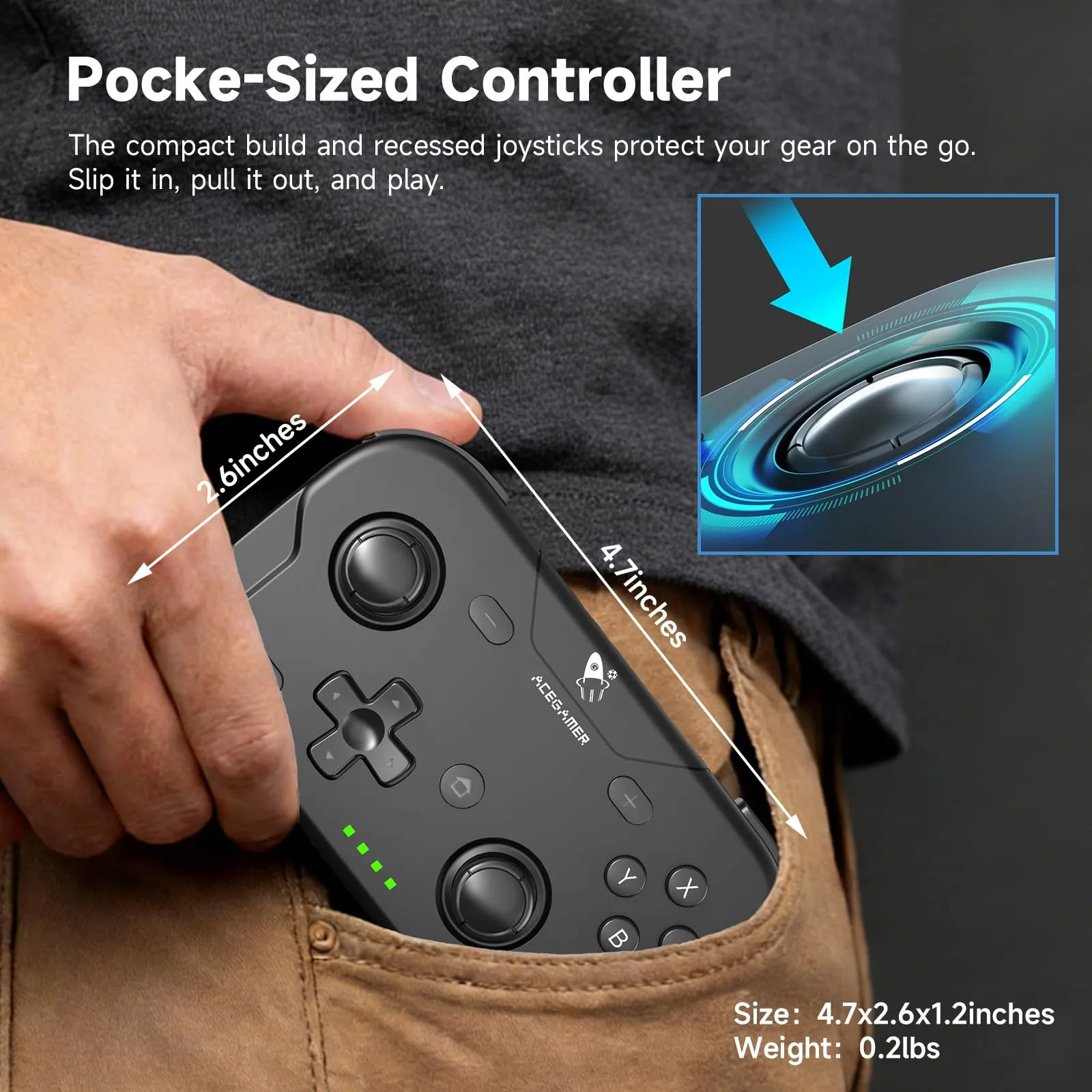 AceGamer Pocket Controller Wireless for Switch 2, Switch, PC, iOS, Android - Mini Gamepad with Turbo and 6-Axis Gyroscope (Black) - immagine 7
