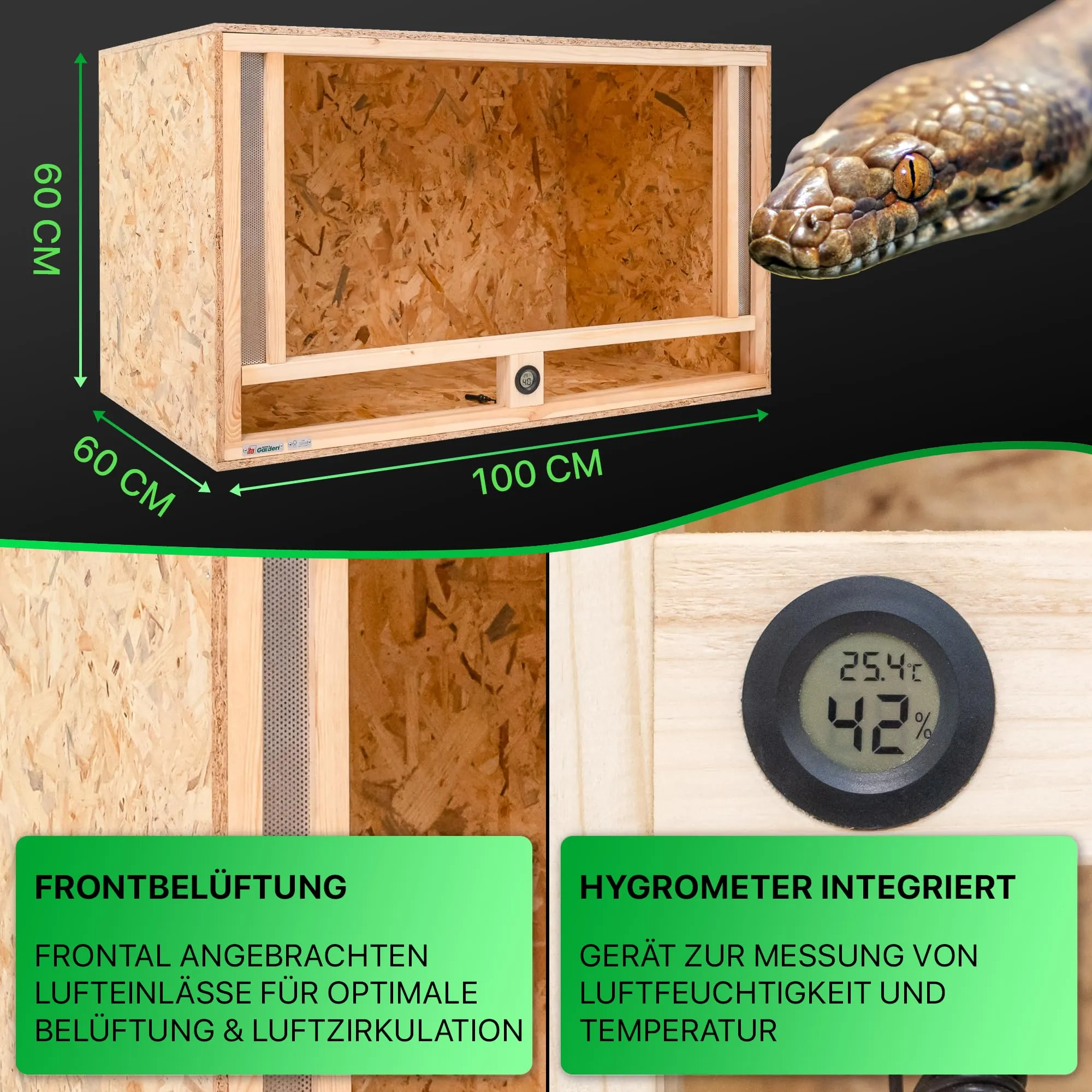 ITA Terrario in legno OSB-3 100x60x60 cm con ventilazione frontale e igrometro integrato - immagine 3