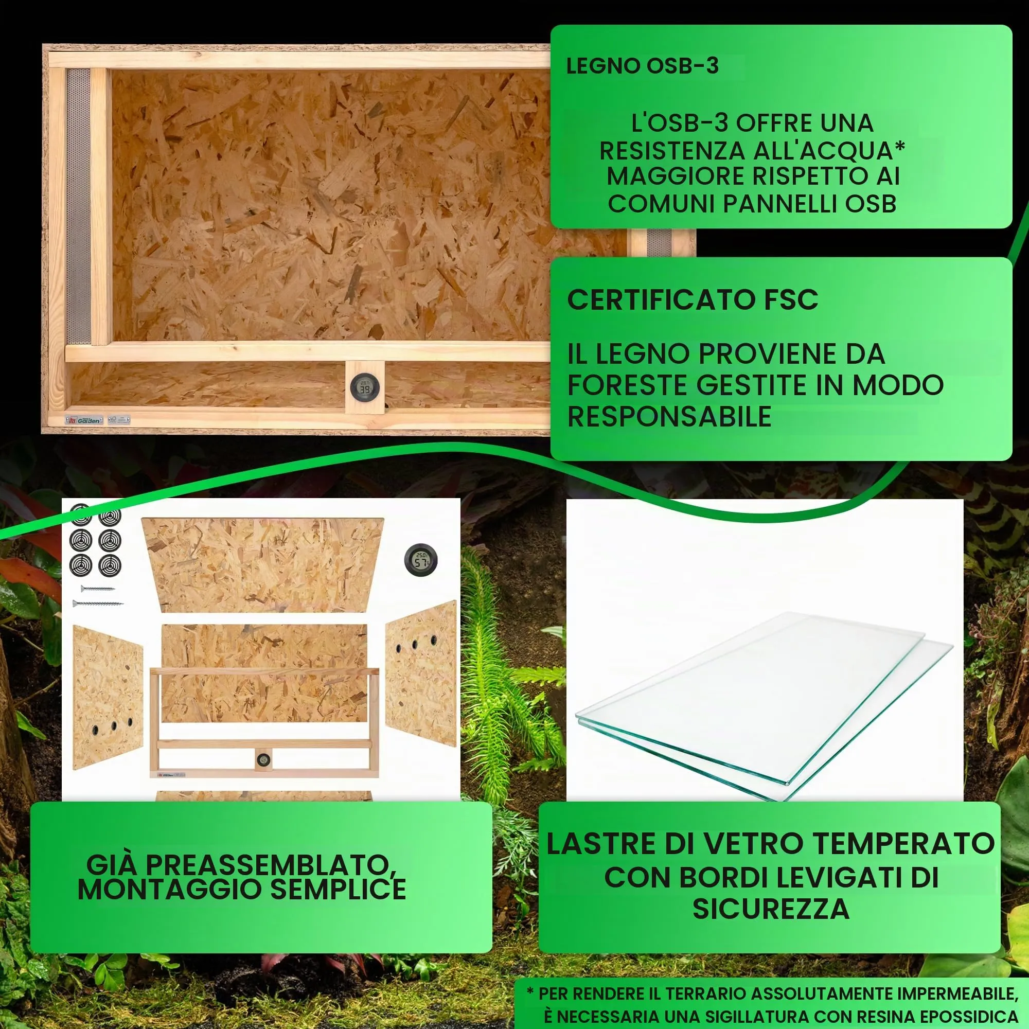 ITA Terrario in legno OSB-3 100x60x60 cm con ventilazione frontale e igrometro integrato - immagine 4