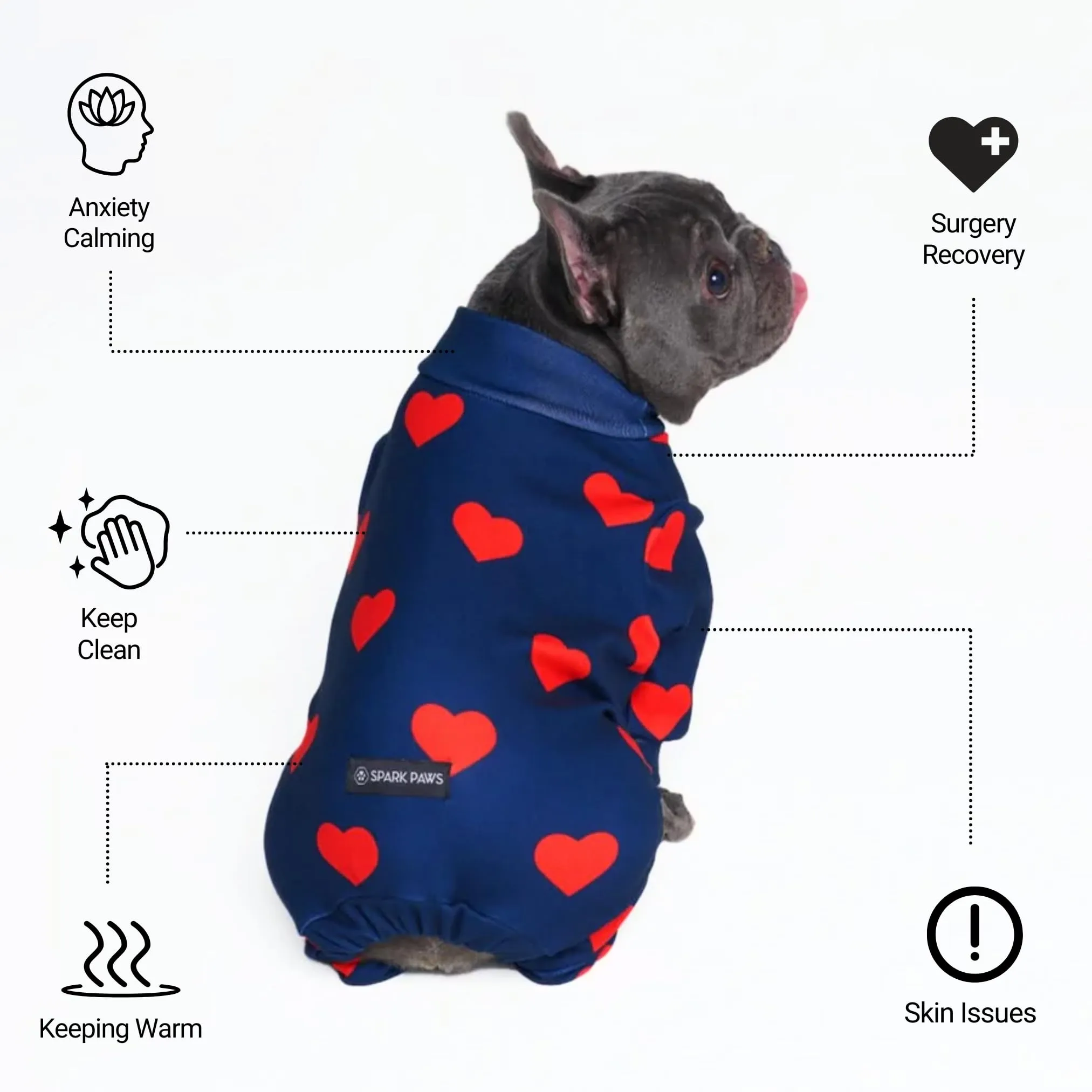 Spark Paws Pigiama per cani, tuta da recupero in tessuto elasticizzato, Cuori, M - immagine 3