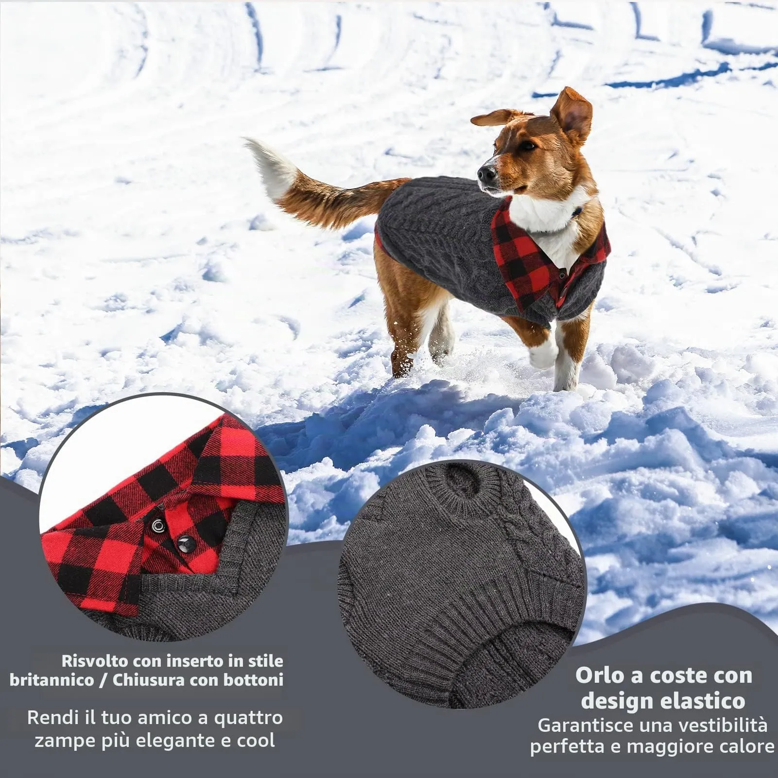 CITÉTOILE Maglione Invernale per Cani a Quadri, Grigio, S - immagine 3