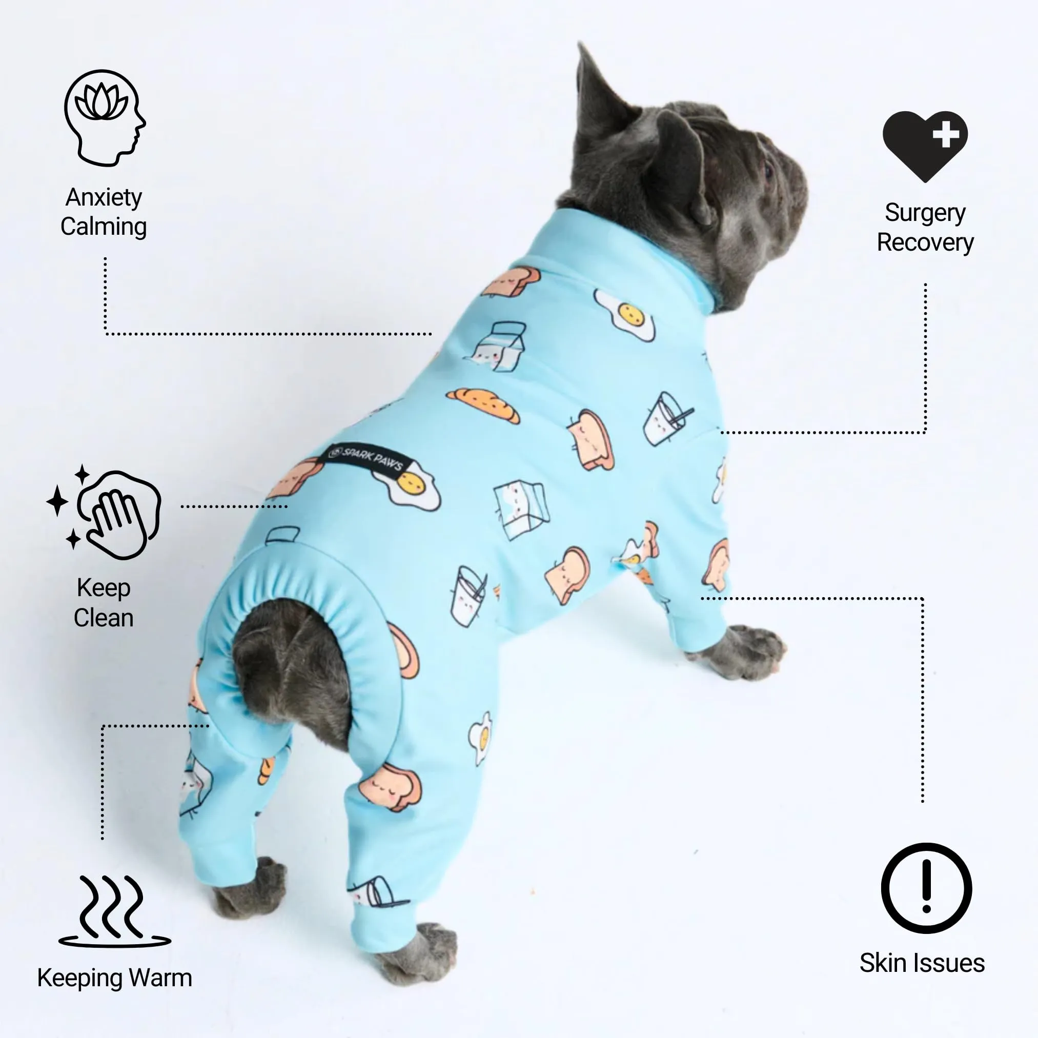Spark Paws Pigiama per cani, Tutina elasticizzata in Pile, Colazione Blu, M: 10-15 libras - immagine 4
