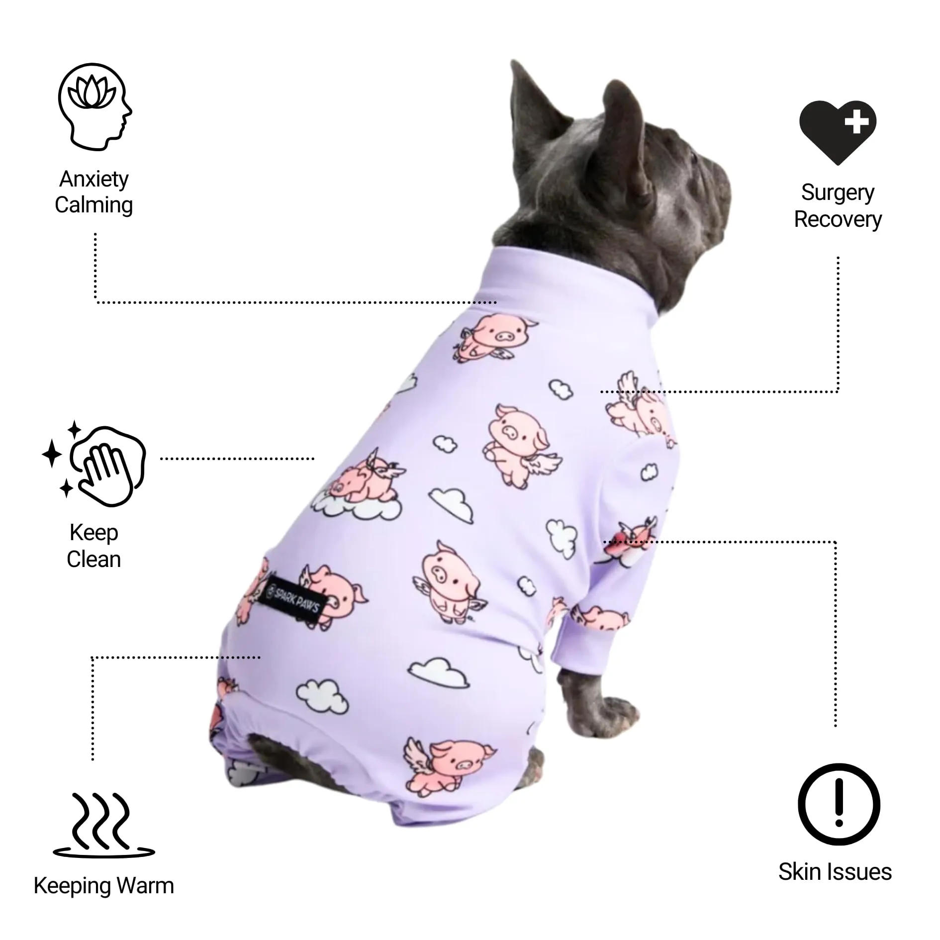 Spark Paws Pigiama per cani, Tuta da recupero in tessuto elasticizzato, Quando i maiali volano, Viola, 3XL - immagine 5