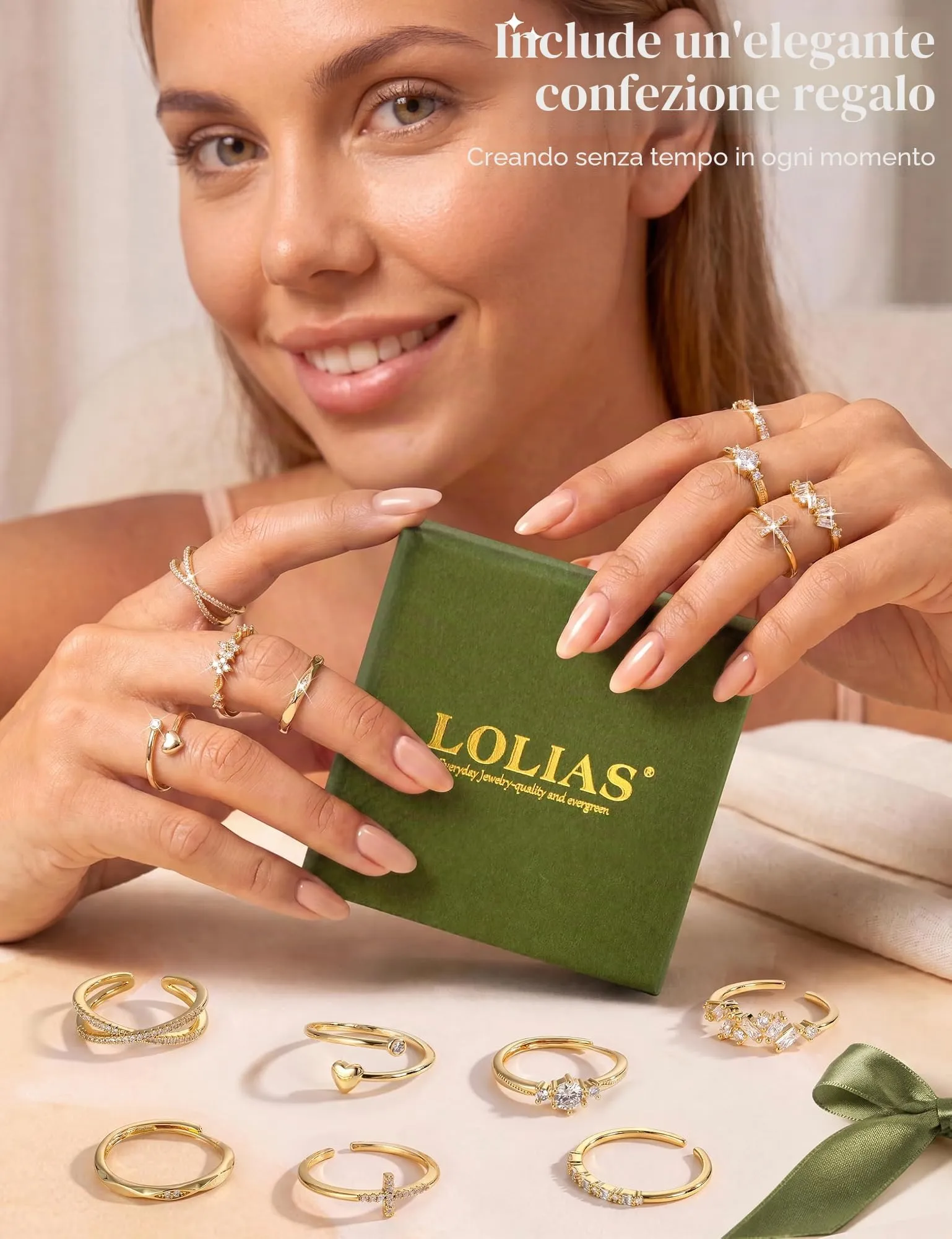 LOLIAS Set di 8 Anelli Donna Placcati Oro 16 Carati Regolabili - immagine 4