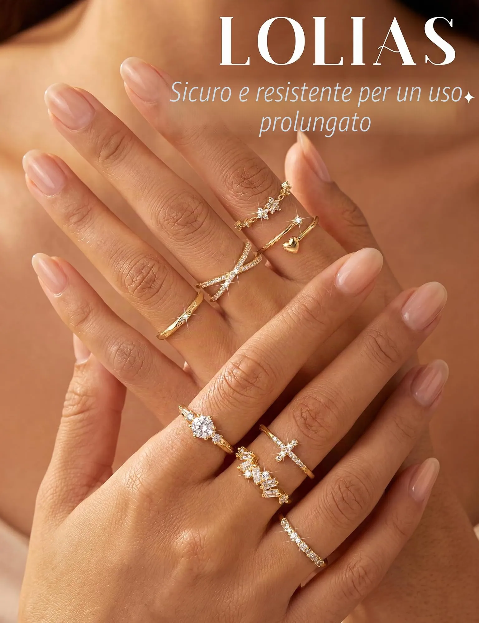 LOLIAS Set di 8 Anelli Donna Placcati Oro 16 Carati Regolabili - immagine 5