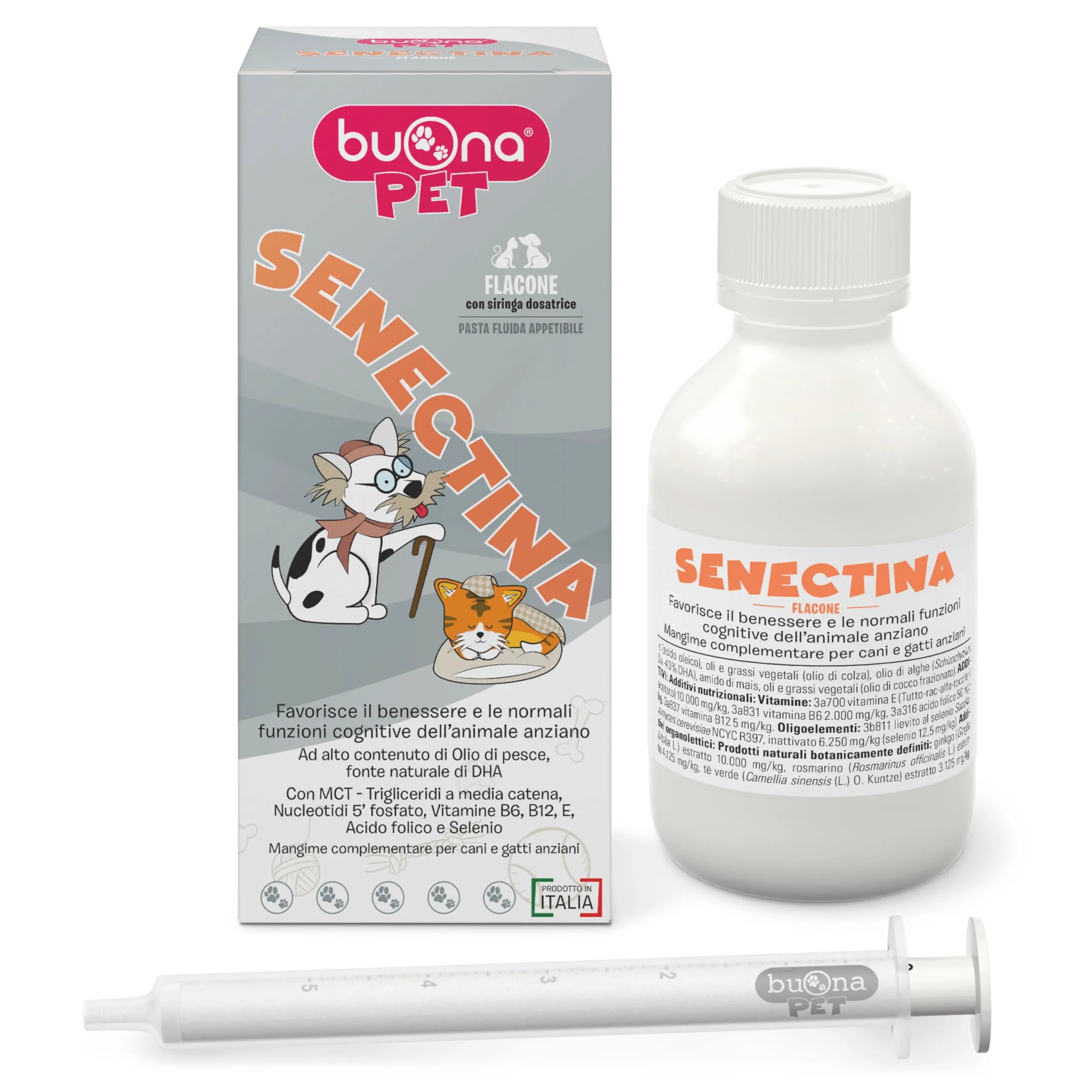 Buona Pet Senectina Integratore per Cani e Gatti Anziani con Olio di Pesce Omega 3, Pasta Fluida con Siringa Dosatrice, 90g - immagine 1