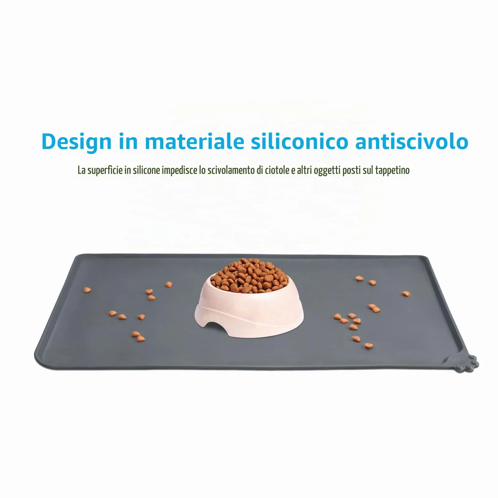 AUDWUD Tappetino impermeabile in silicone antiscivolo per ciotola animali, Grigio, 47 x 30 cm - immagine 2