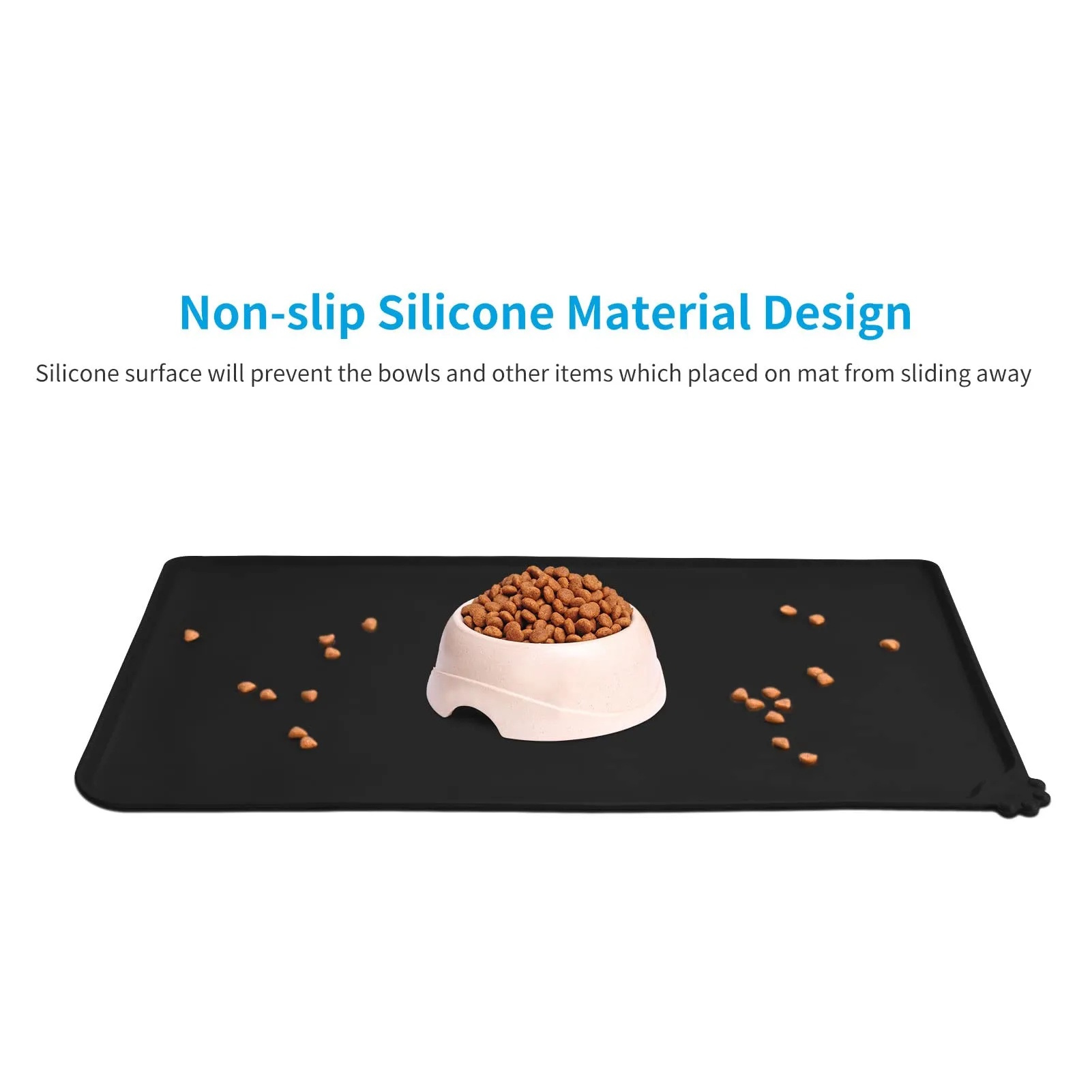 AUDWUD Tappetino in silicone impermeabile e antiscivolo per ciotole animali, 71x46 cm, Nero - immagine 2