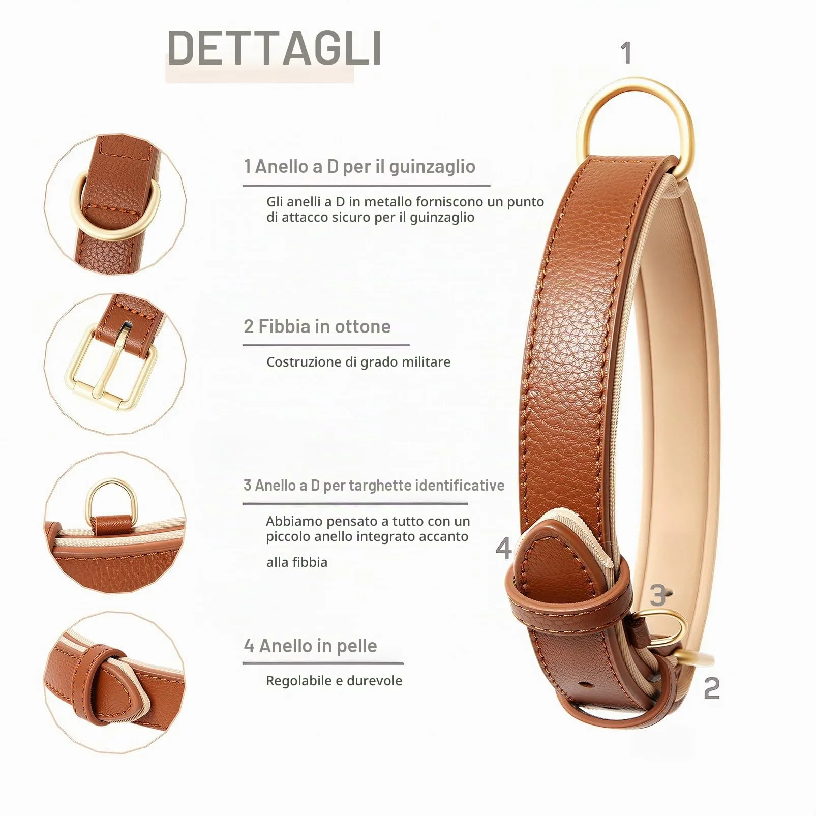 HEELE Collare Cane in Pelle con Imbottitura Morbida, Marrone, M - immagine 3