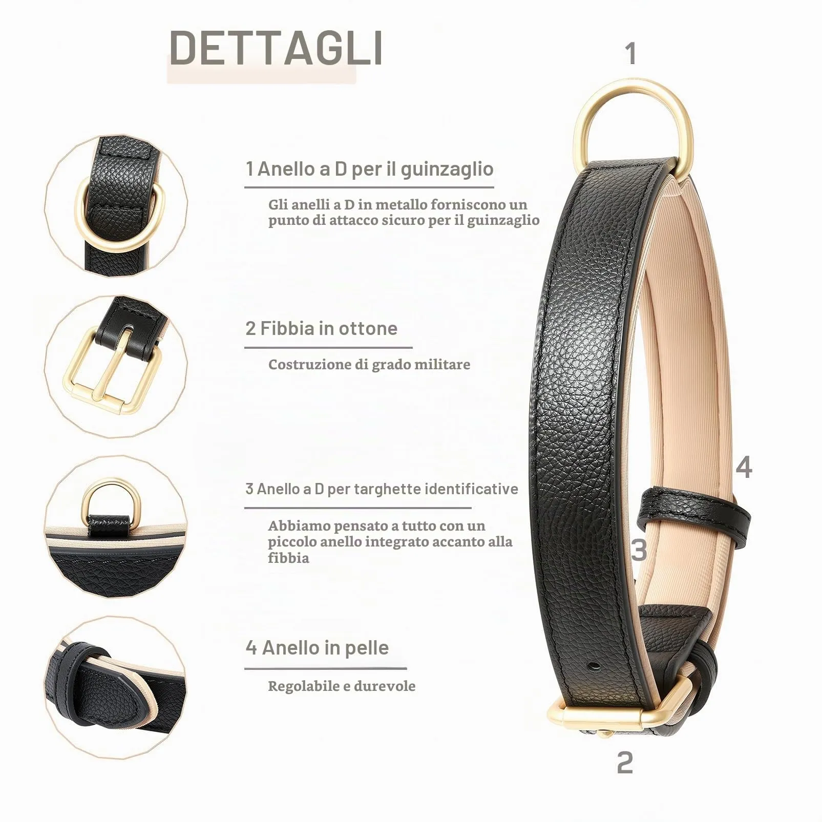 HEELE Collare Cane in Pelle Imbottito, Nero, M - immagine 3