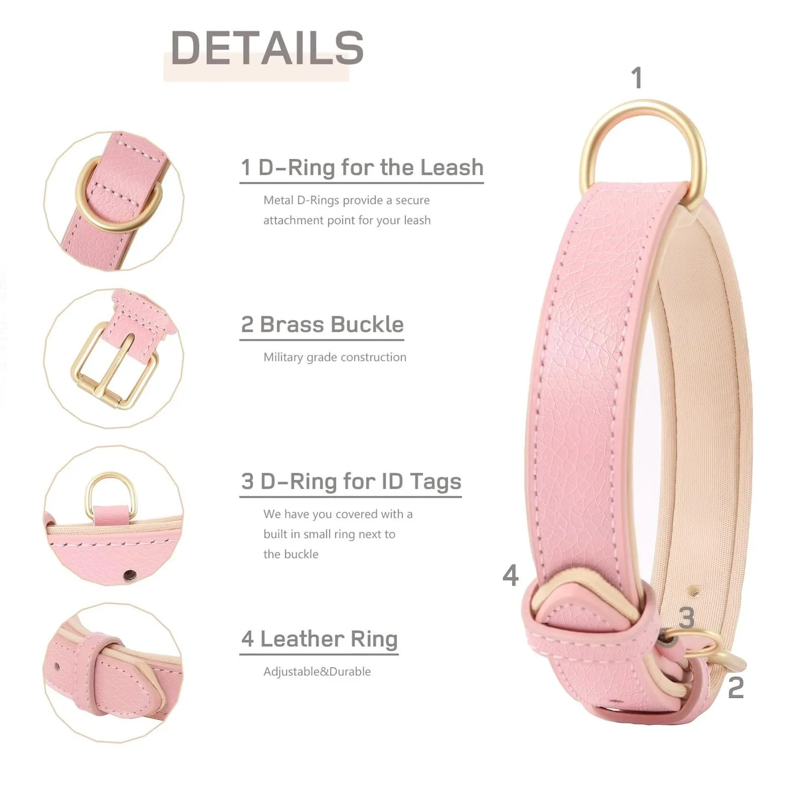 HEELE Collare Cane in Pelle con Imbottitura Morbida, Rosa, L - immagine 4