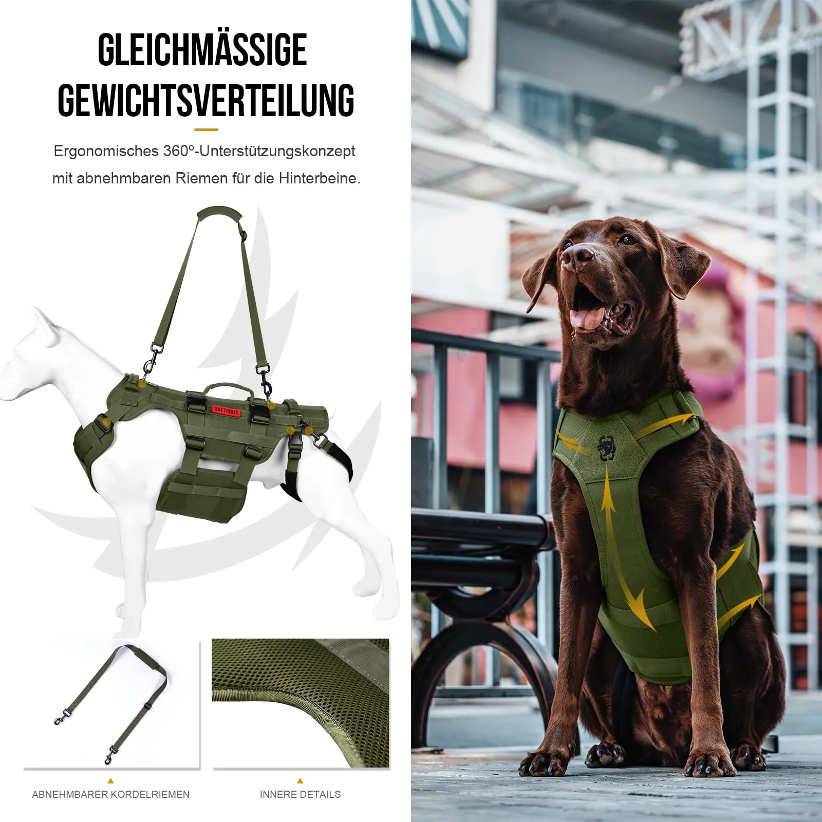 OneTigris Invictus Imbracatura di Supporto per Cani, Regolabile con 3 Manici, Verde, S - immagine 4