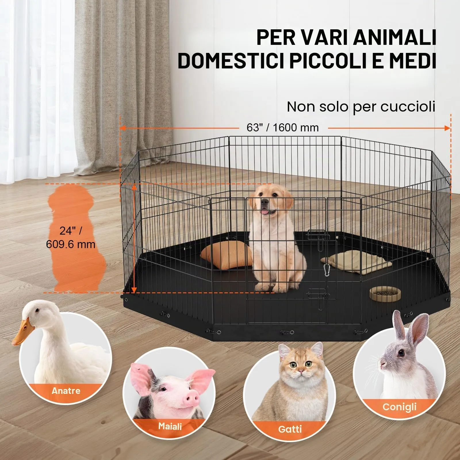 VEVOR Recinto per Animali Domestici, 8 Pannelli Pieghevoli in Metallo, 610x610 mm, per Cani, Cuccioli, Conigli e Gatti, con Tappetino - immagine 6