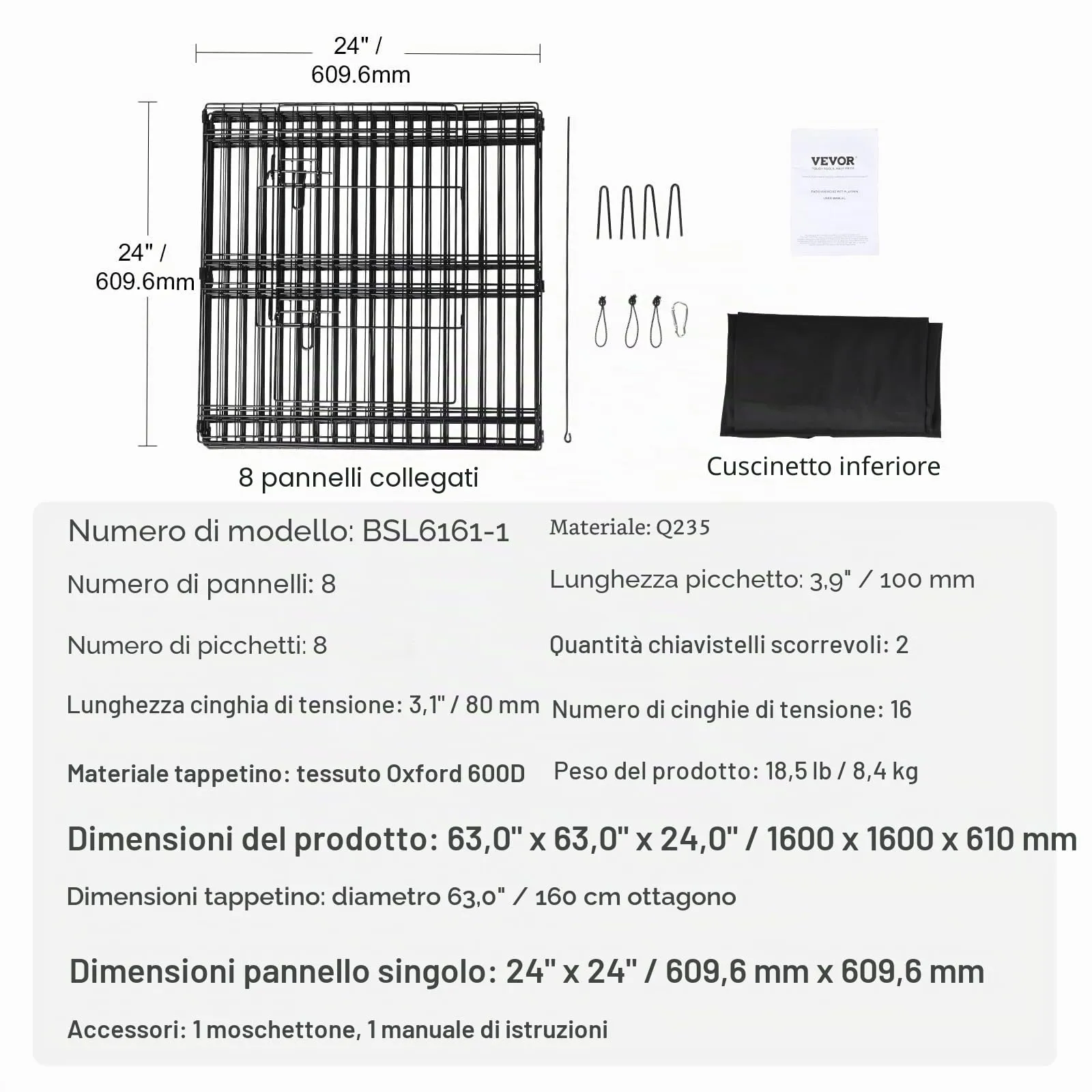 VEVOR Recinto per Animali Domestici, 8 Pannelli Pieghevoli in Metallo, 610x610 mm, per Cani, Cuccioli, Conigli e Gatti, con Tappetino - immagine 7
