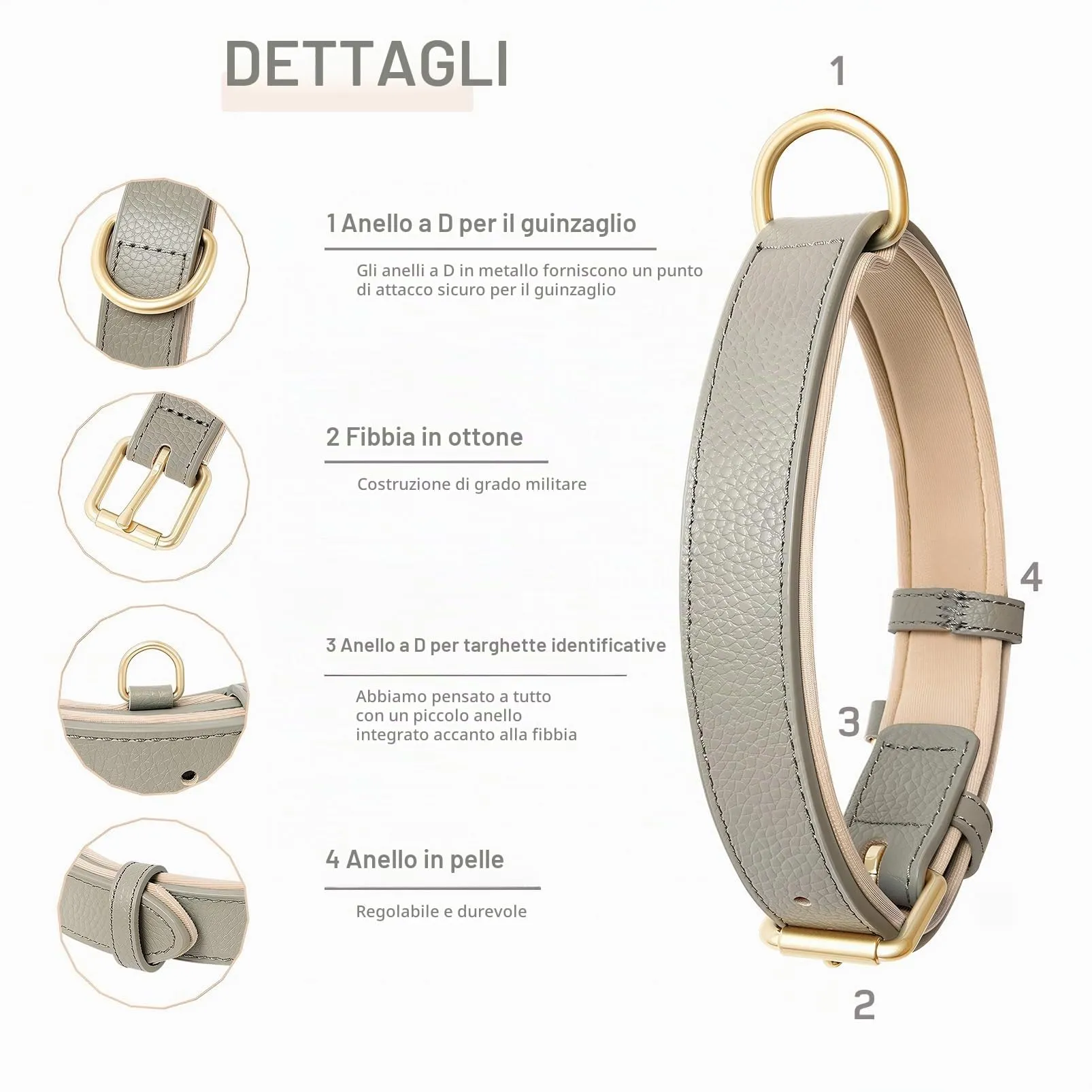 HEELE Collare Cane in Pelle con Imbottitura Morbida, Nuovo Grigio, XS - immagine 2