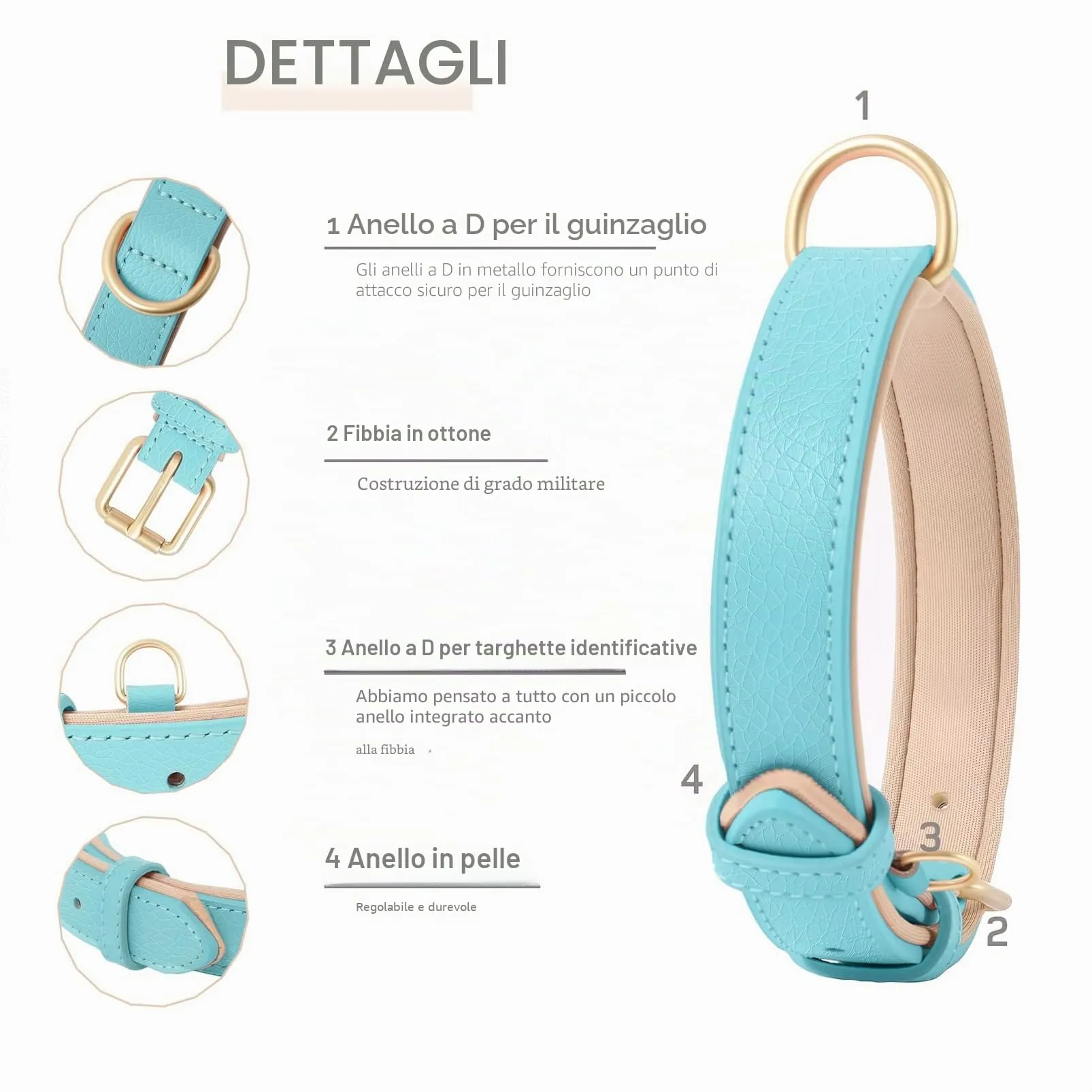 HEELE Collare Cane in Pelle Imbottito, Blu, L - immagine 3