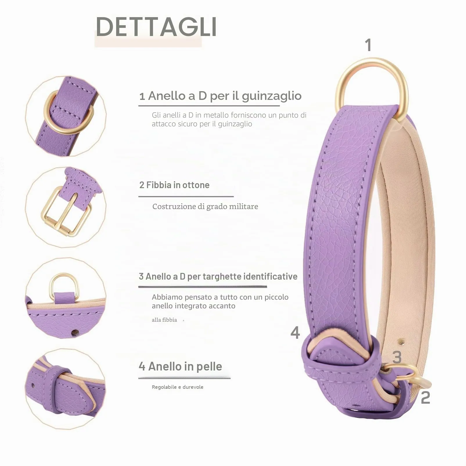 HEELE Collare Cane in Pelle Imbottito, Lilla, L - immagine 3